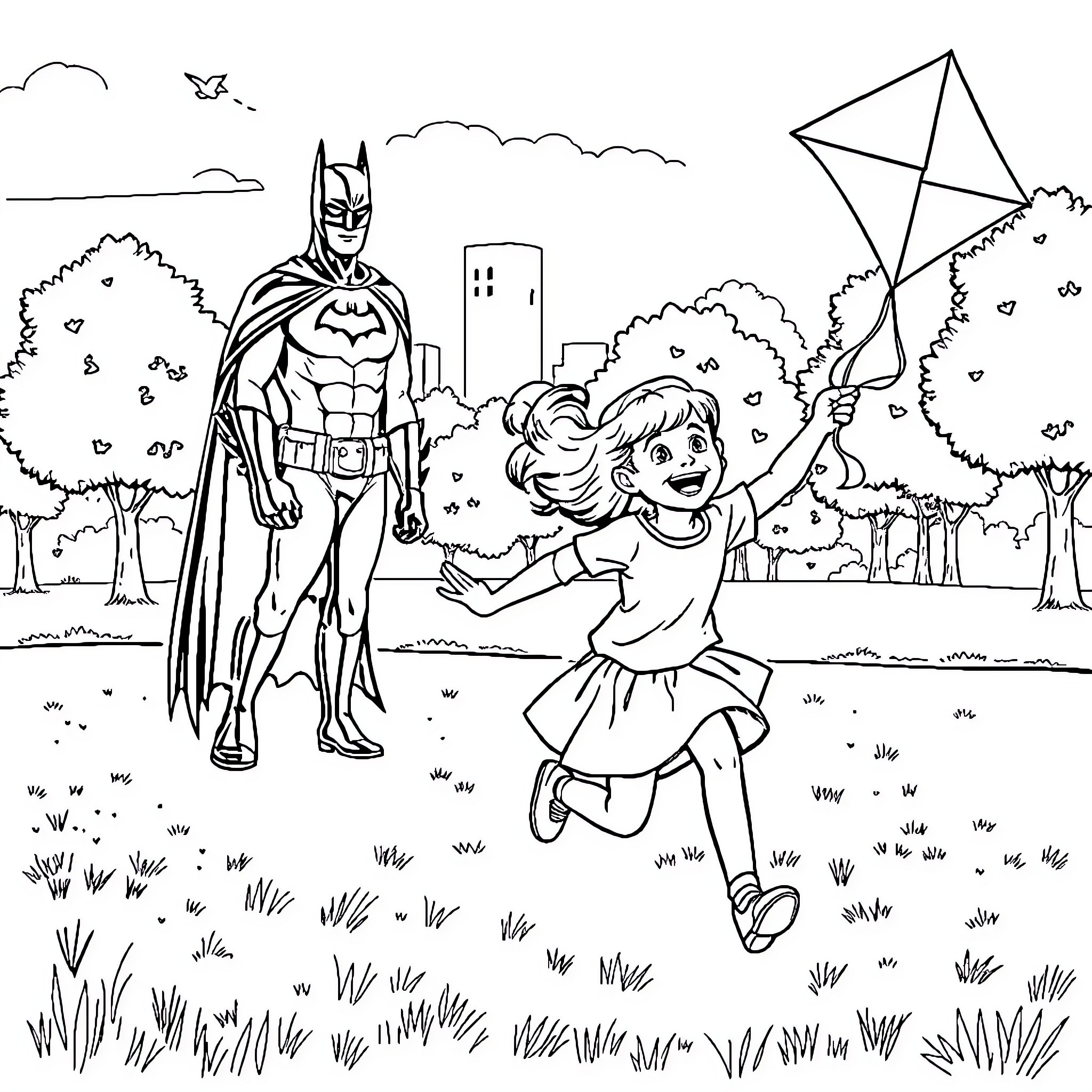 Kite flying with superhero in the park Coloring Page (free black-and-white line drawing printable PDF for all, from beginners to advanced learners, including children, teens, adults, and seniors)