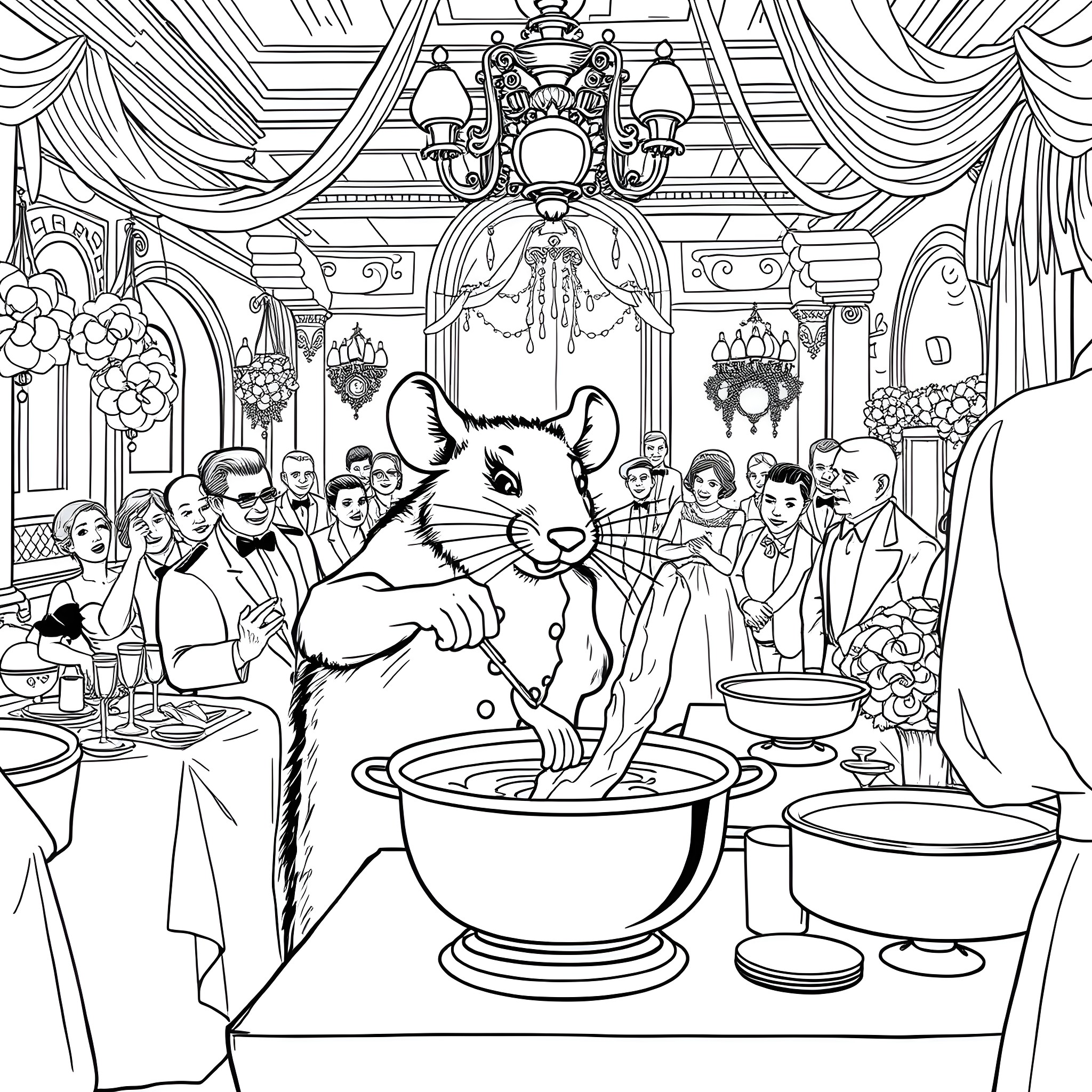 Rat hosting fancy dinner party in elegant ballroom Coloring Page (free black-and-white line drawing printable PDF for all, from beginners to advanced learners, including children, teens, adults, and seniors)