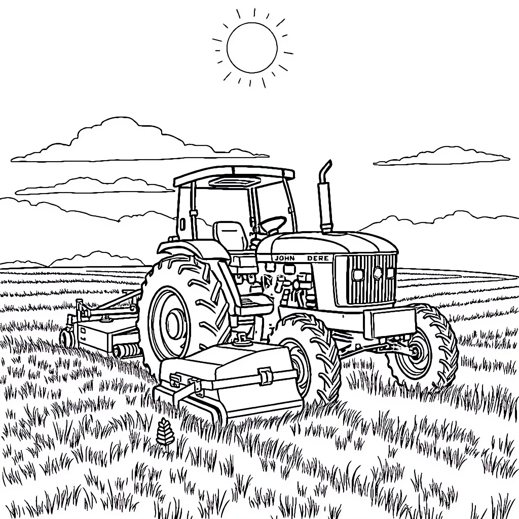 John Deere tractor working in field under sunny sky Coloring Page (free black-and-white line drawing printable PDF for all, from beginners to advanced learners, including children, teens, adults, and seniors)