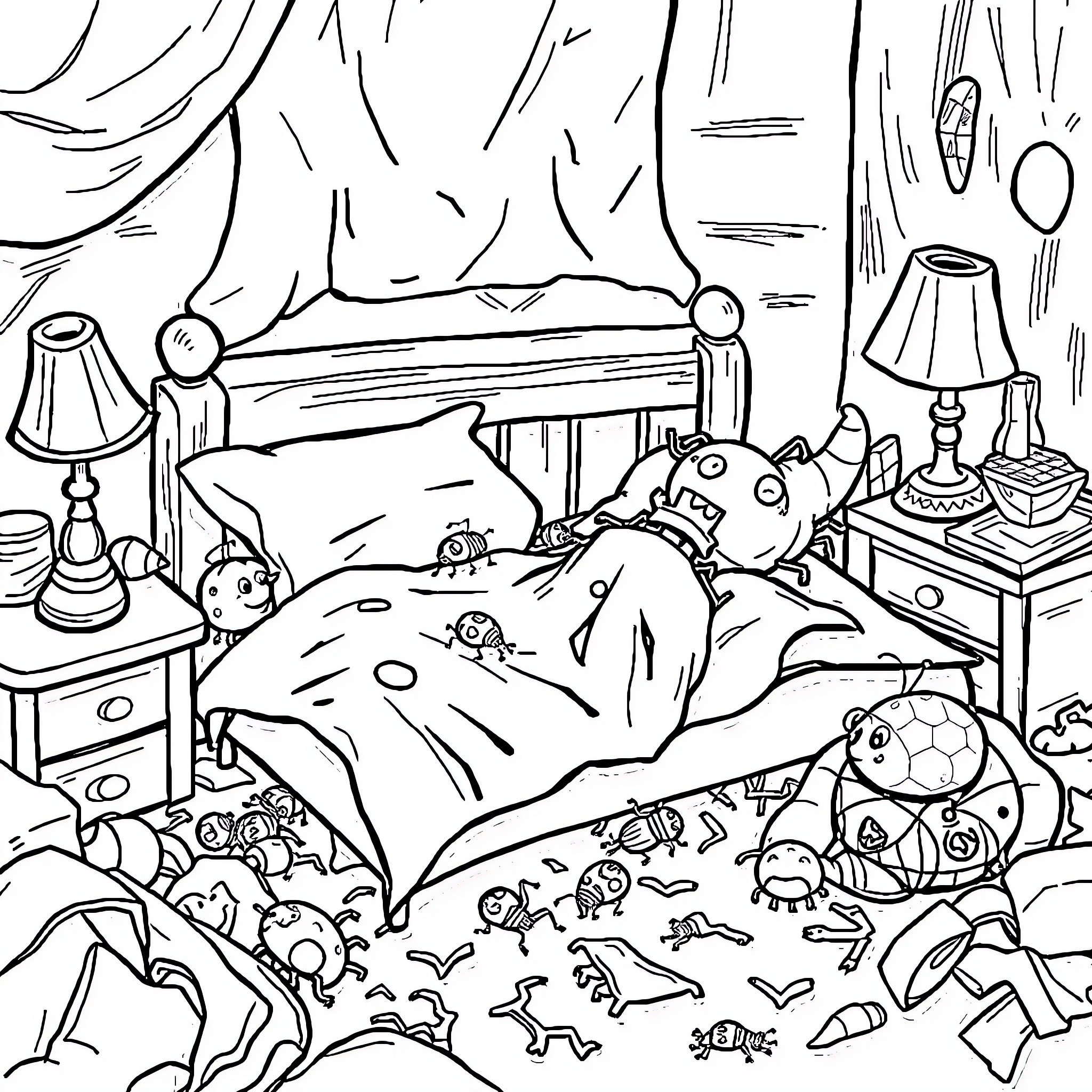 Bug's Busy Bedroom: A Whimsical Scene Coloring Page (free black-and-white line drawing printable PDF for all, from beginners to advanced learners, including children, teens, adults, and seniors)