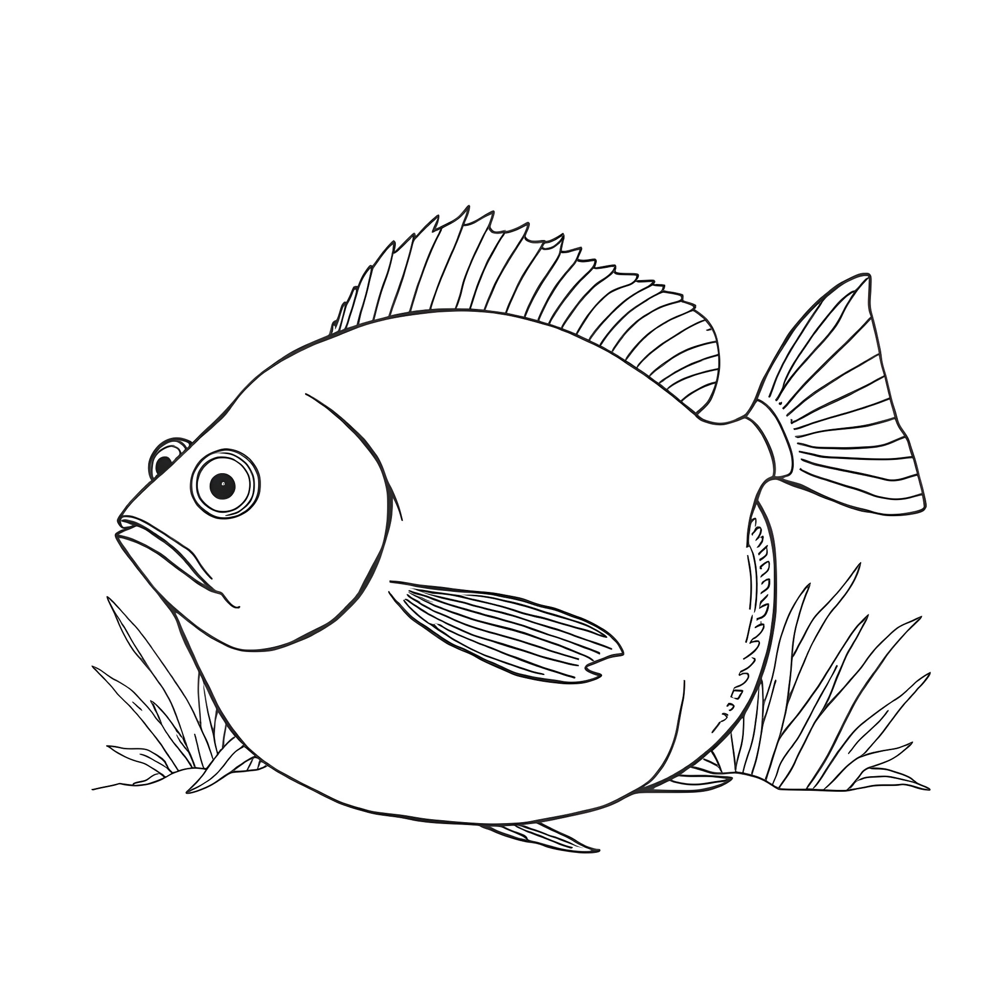 Praecitrullus Fistulosus: Playful Fish in Aquatic Foliage Coloring Page (free black-and-white line drawing printable PDF for all, from beginners to advanced learners, including children, teens, adults, and seniors)