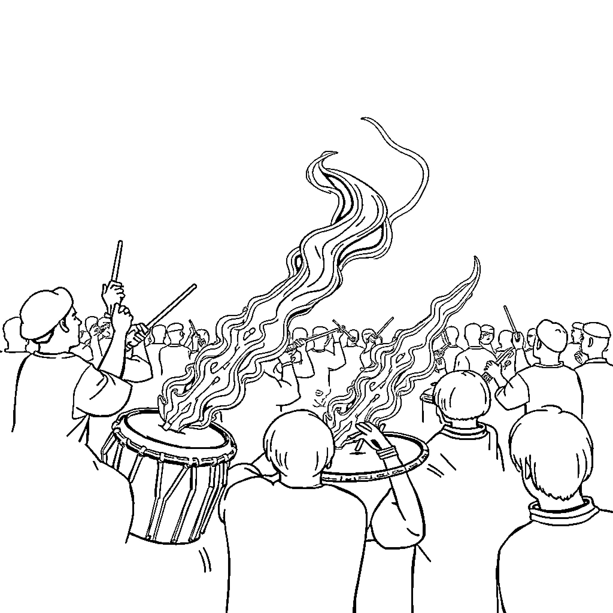 Tung's Drumbeat Celebration Coloring Page (free black-and-white line drawing printable PDF for all, from beginners to advanced learners, including children, teens, adults, and seniors)