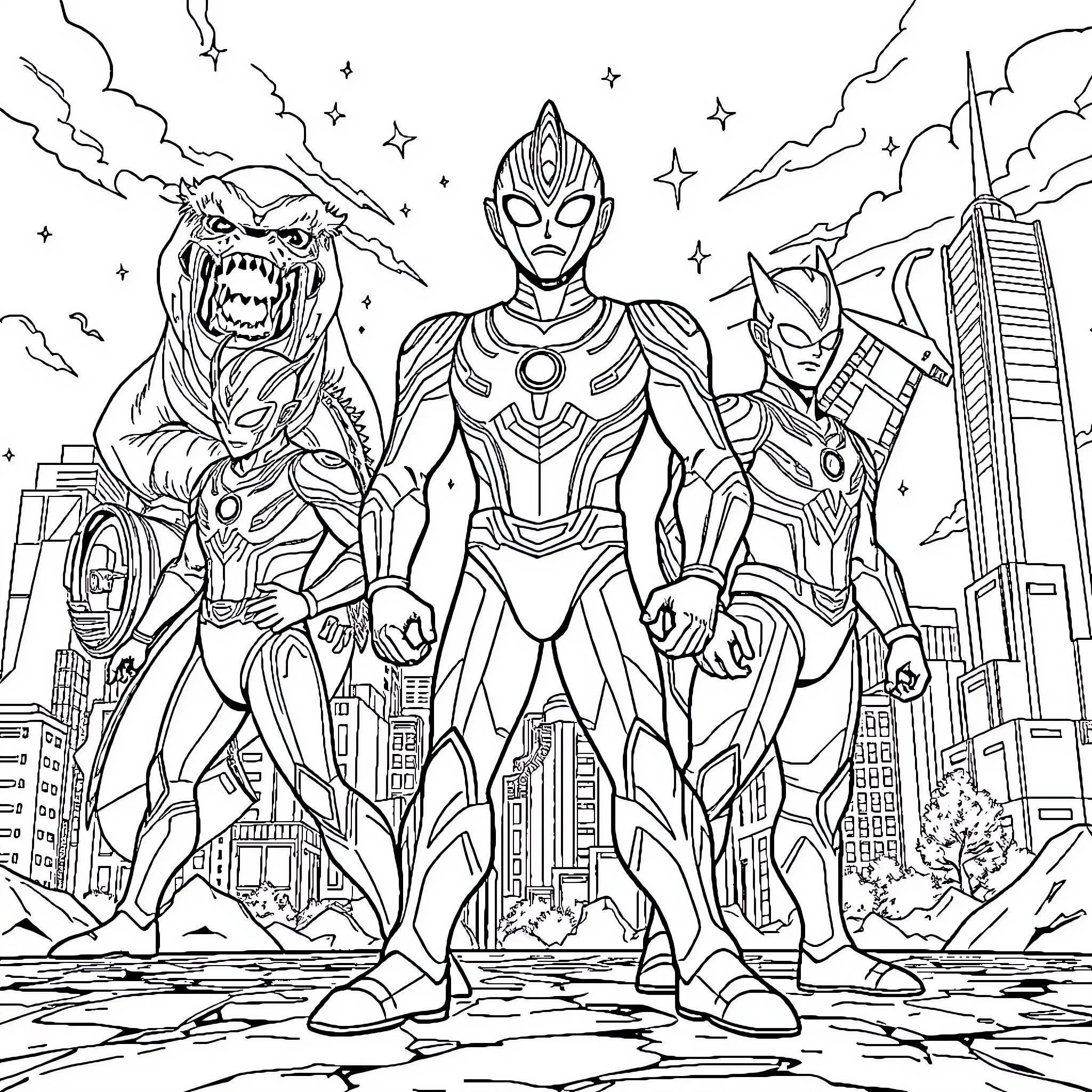 Ultraman heroes battling in the city Coloring Page (free black-and-white line drawing printable PDF for all, from beginners to advanced learners, including children, teens, adults, and seniors)
