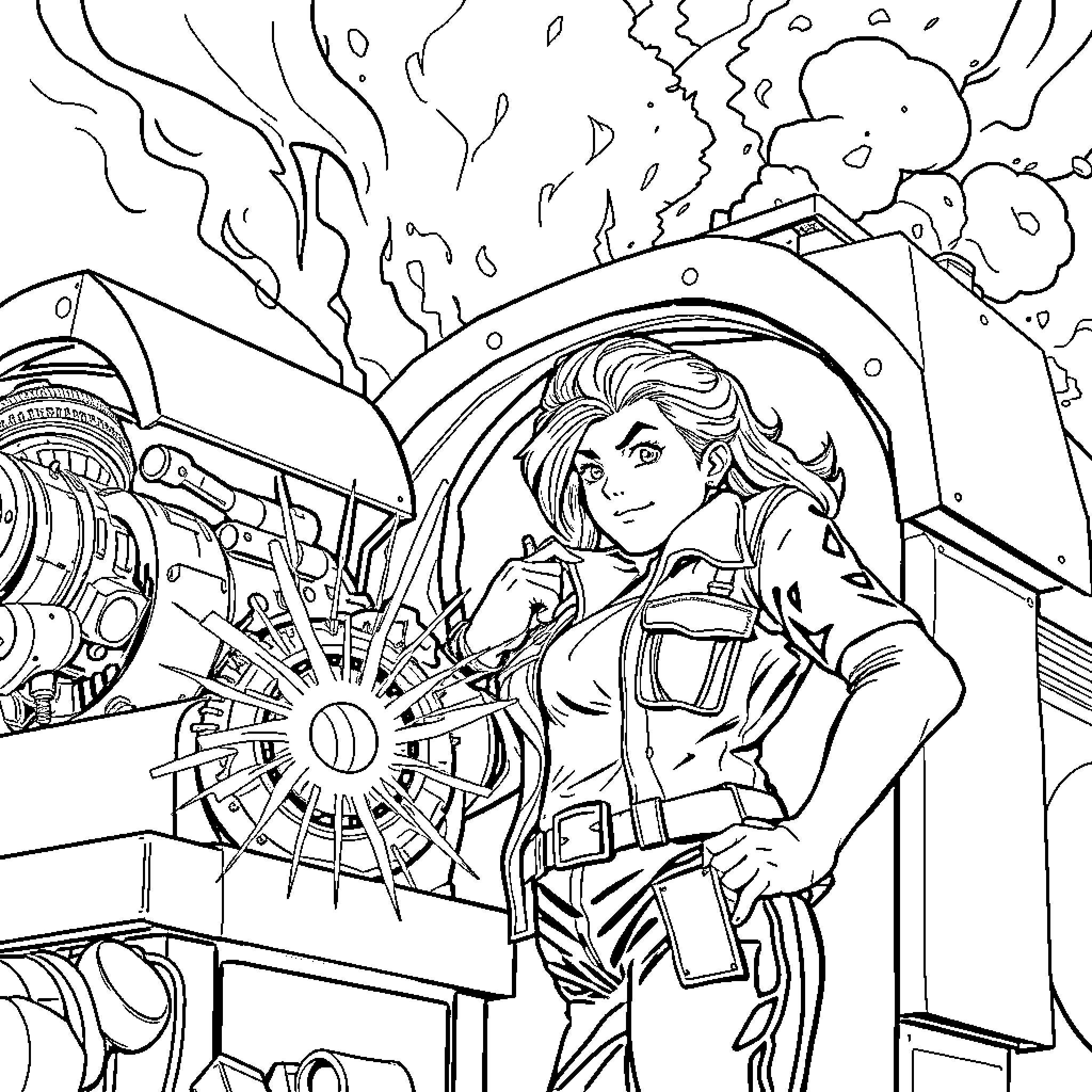 Samantha's Futuristic Adventures in a Mechanical Wonderland Coloring Page (free black-and-white line drawing printable PDF for all, from beginners to advanced learners, including children, teens, adults, and seniors)