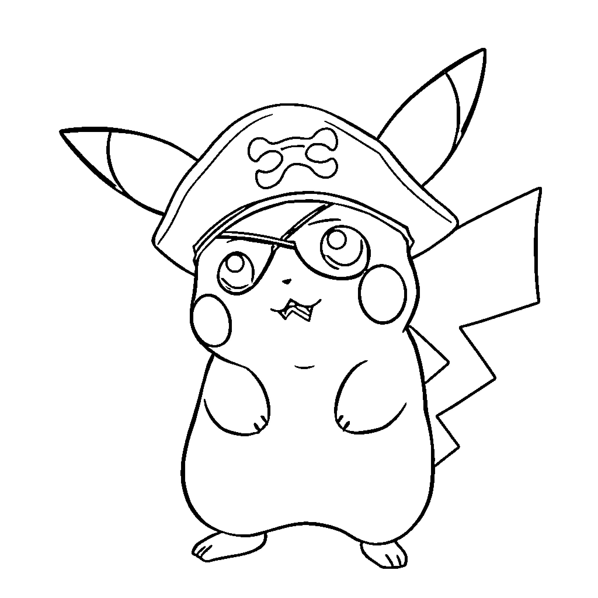 Pikachu dressed as a pirate Coloring Page (free black-and-white line drawing printable PDF for all, from beginners to advanced learners, including children, teens, adults, and seniors)