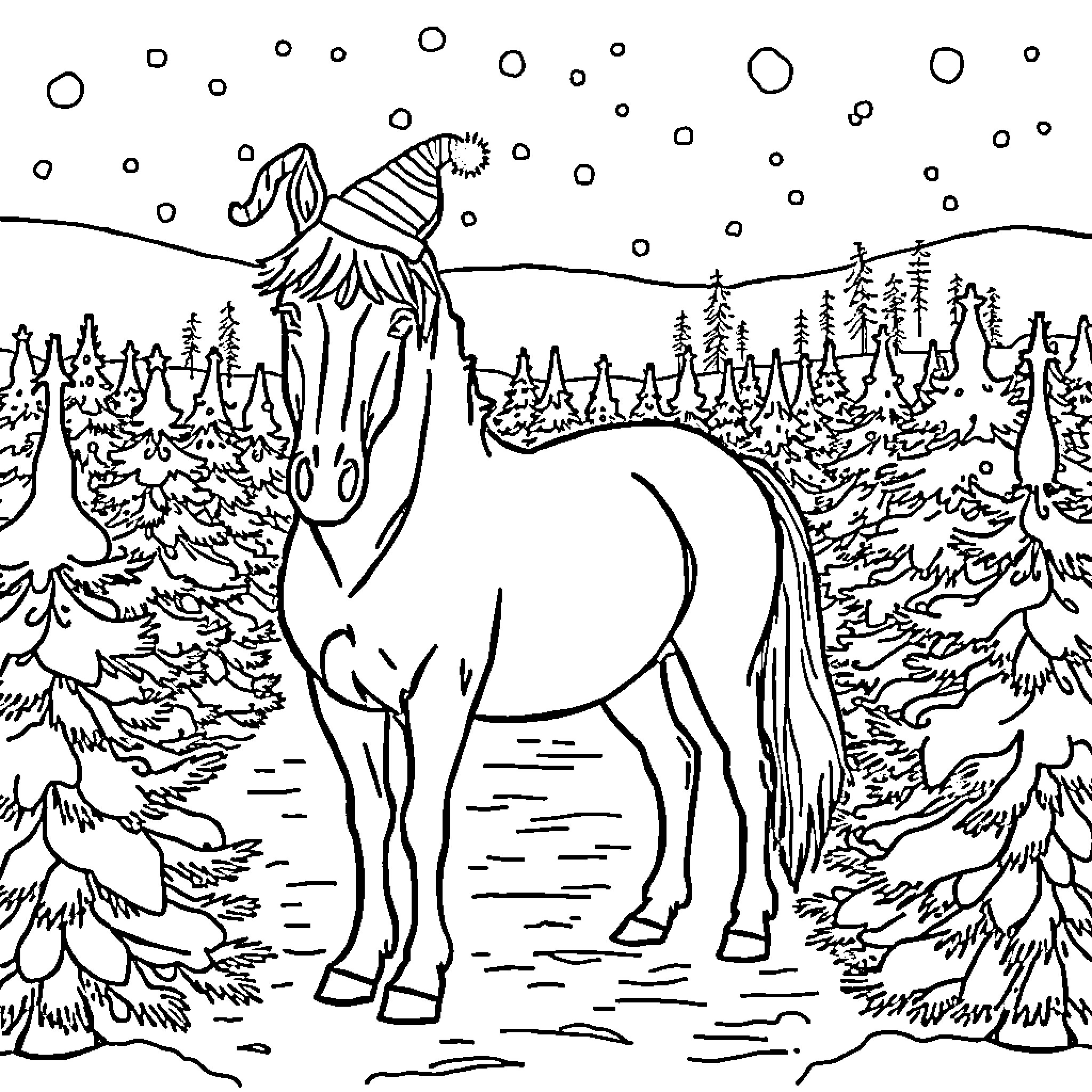 Horse in winter wonderland landscape Coloring Page (free black-and-white line drawing printable PDF for all, from beginners to advanced learners, including children, teens, adults, and seniors)