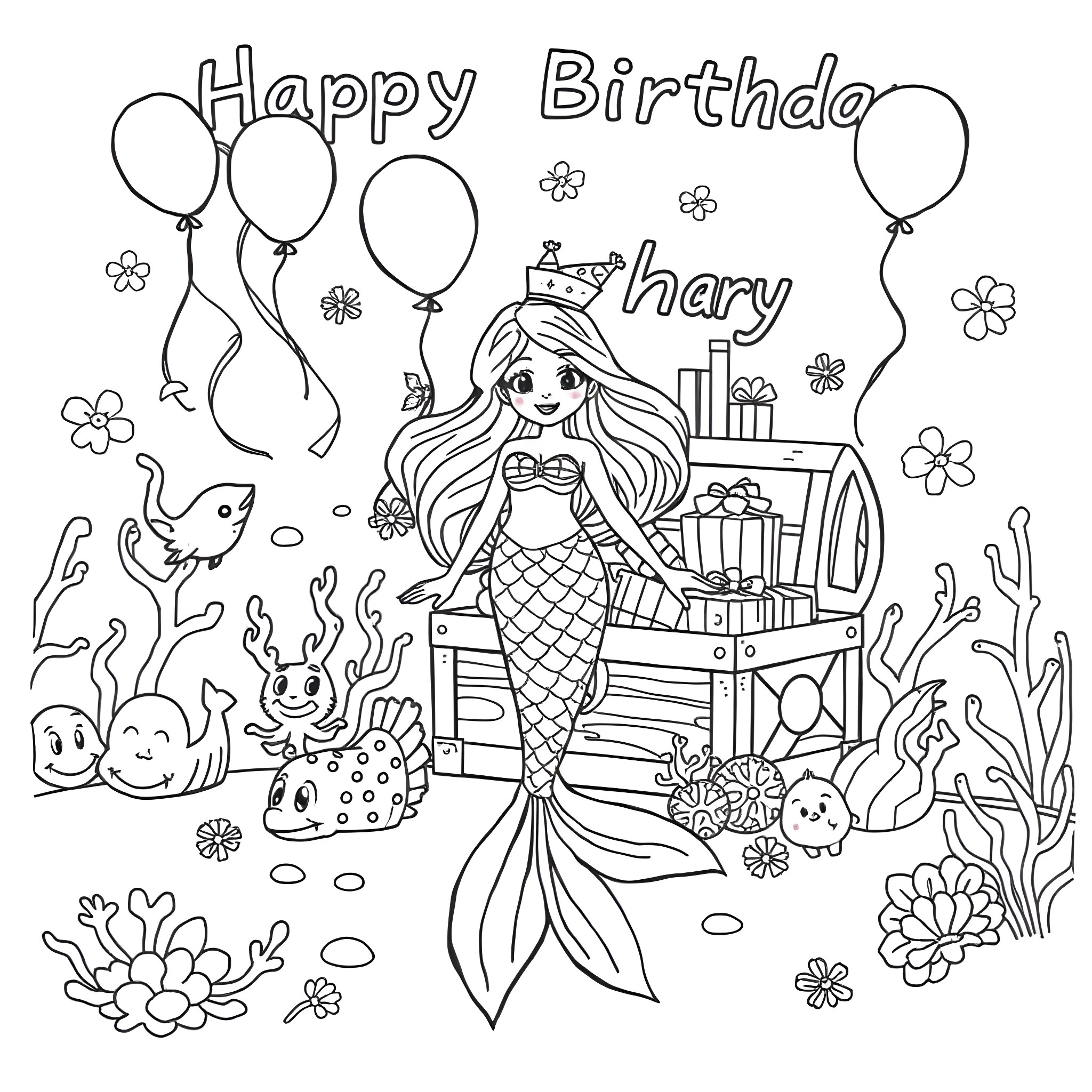 Mermaid celebrating a happy birthday party underwater Coloring Page (free black-and-white line drawing printable PDF for all, from beginners to advanced learners, including children, teens, adults, and seniors)