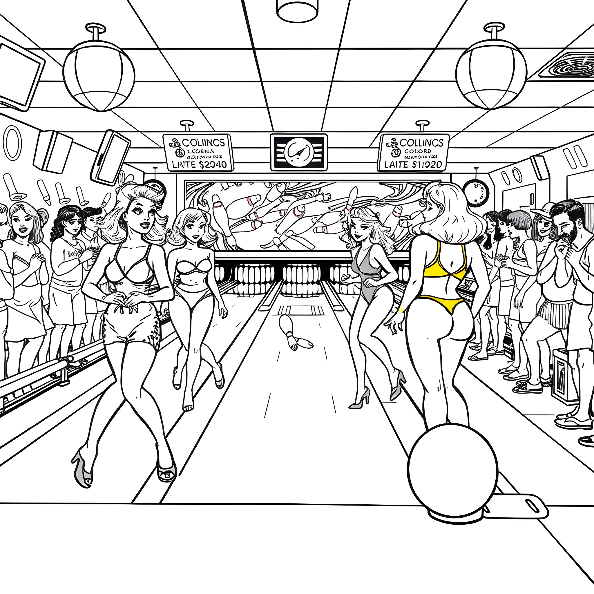 Bowler's Lively Bowling Alley Scene Coloring Page (free black-and-white line drawing printable PDF for all, from beginners to advanced learners, including children, teens, adults, and seniors)
