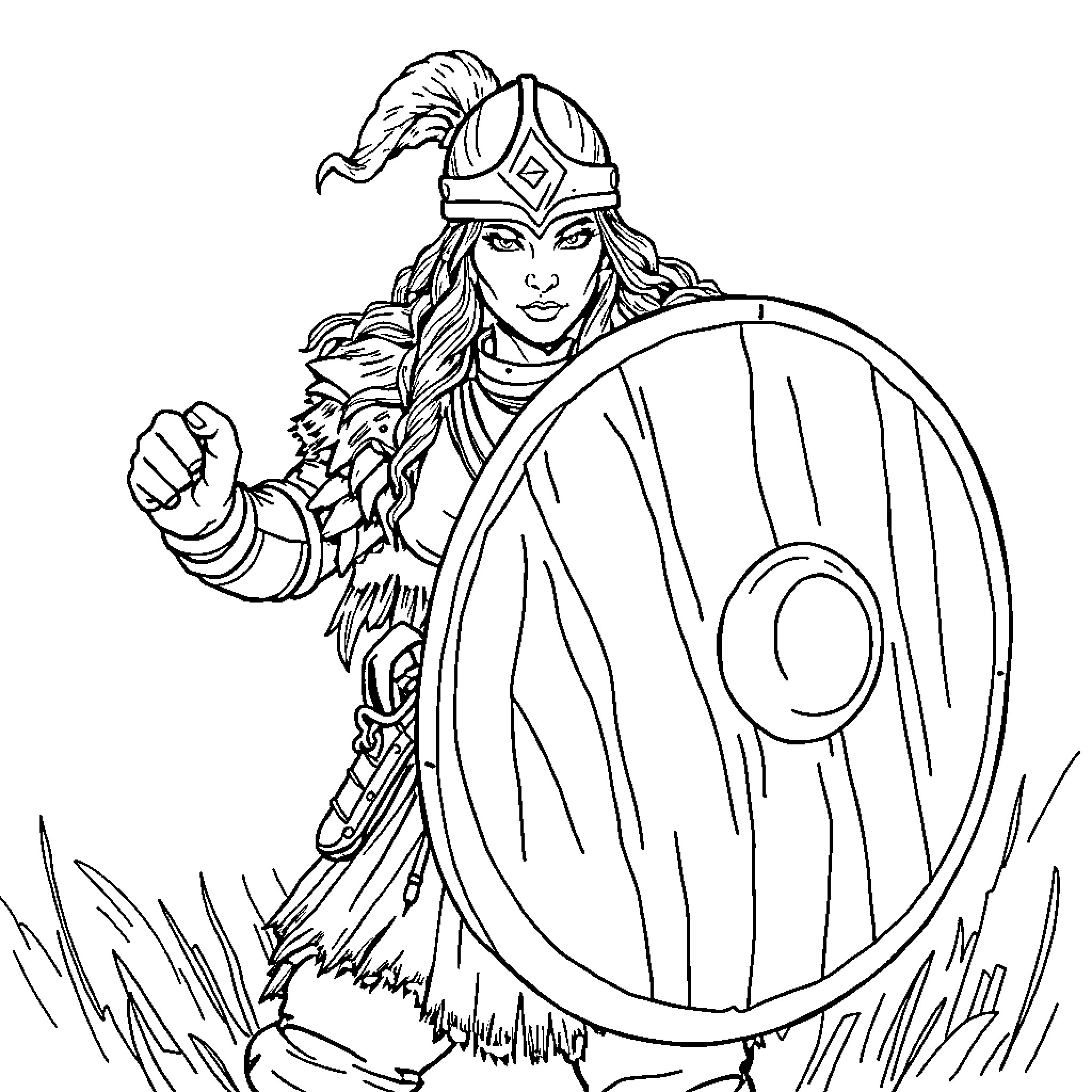 Viking Shieldmaiden in Battle Stance Coloring Page (free black-and-white line drawing printable PDF for all, from beginners to advanced learners, including children, teens, adults, and seniors)