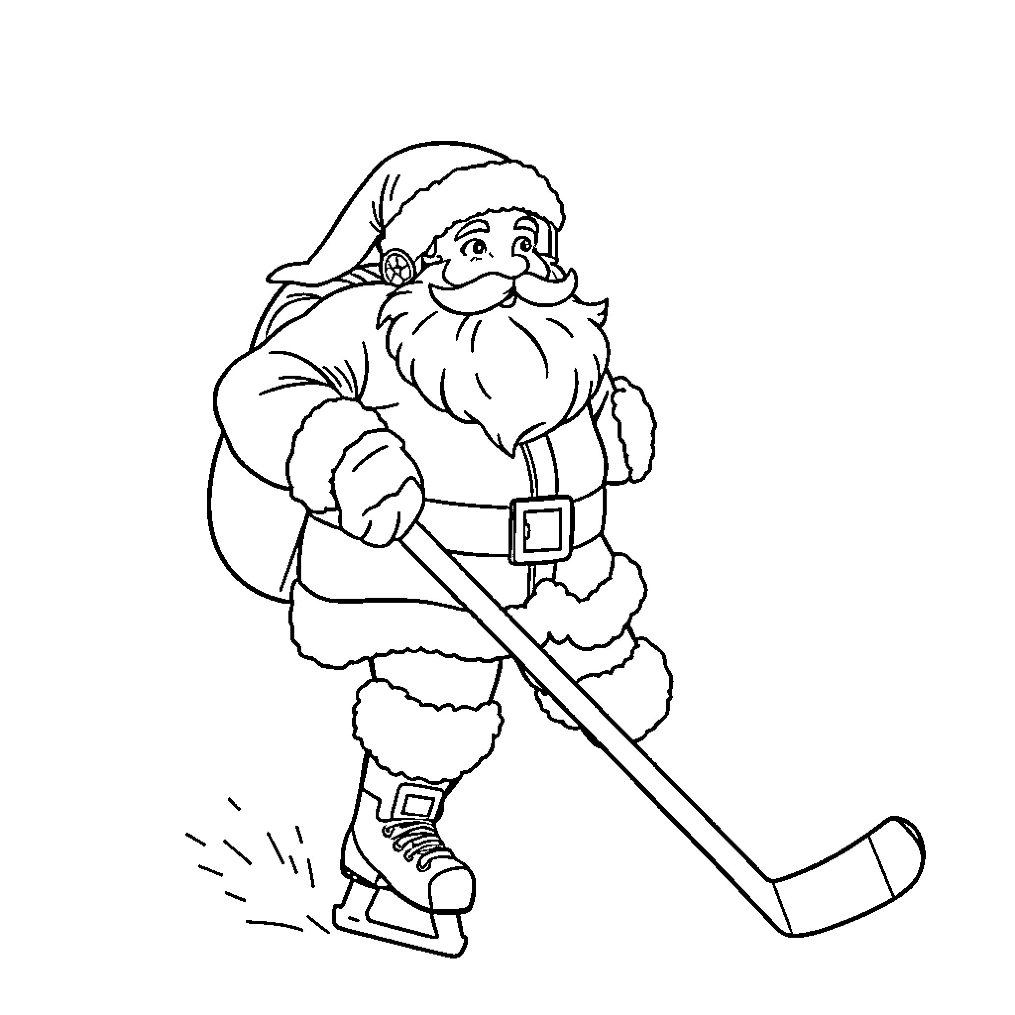 Santa playing hockey with a hockey stick Coloring Page (free black-and-white line drawing printable PDF for all, from beginners to advanced learners, including children, teens, adults, and seniors)