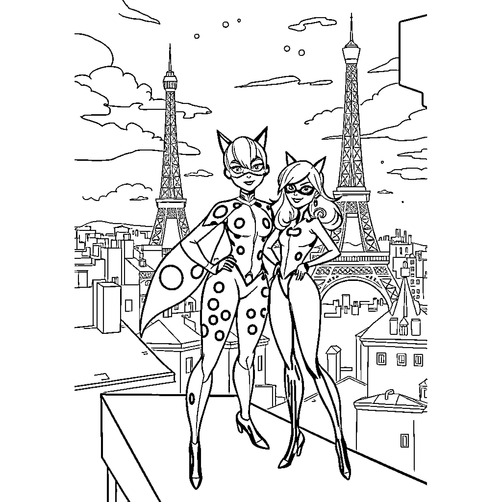 Ladybug heroines saving Paris Coloring Page (free black-and-white line drawing printable PDF for all, from beginners to advanced learners, including children, teens, adults, and seniors)