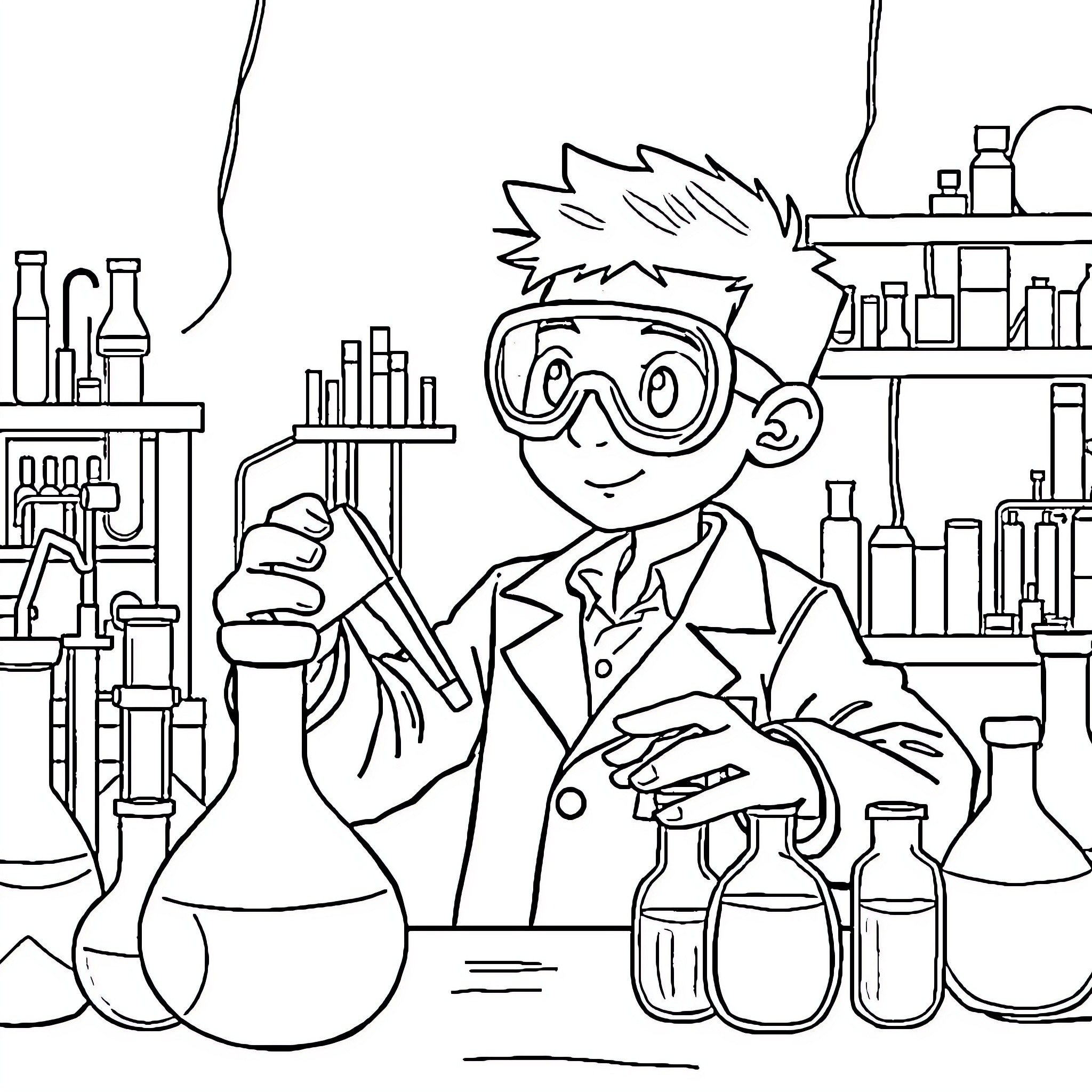 Boy Conducting Experiments in Science Lab Coloring Page (free black-and-white line drawing printable PDF for all, from beginners to advanced learners, including children, teens, adults, and seniors)