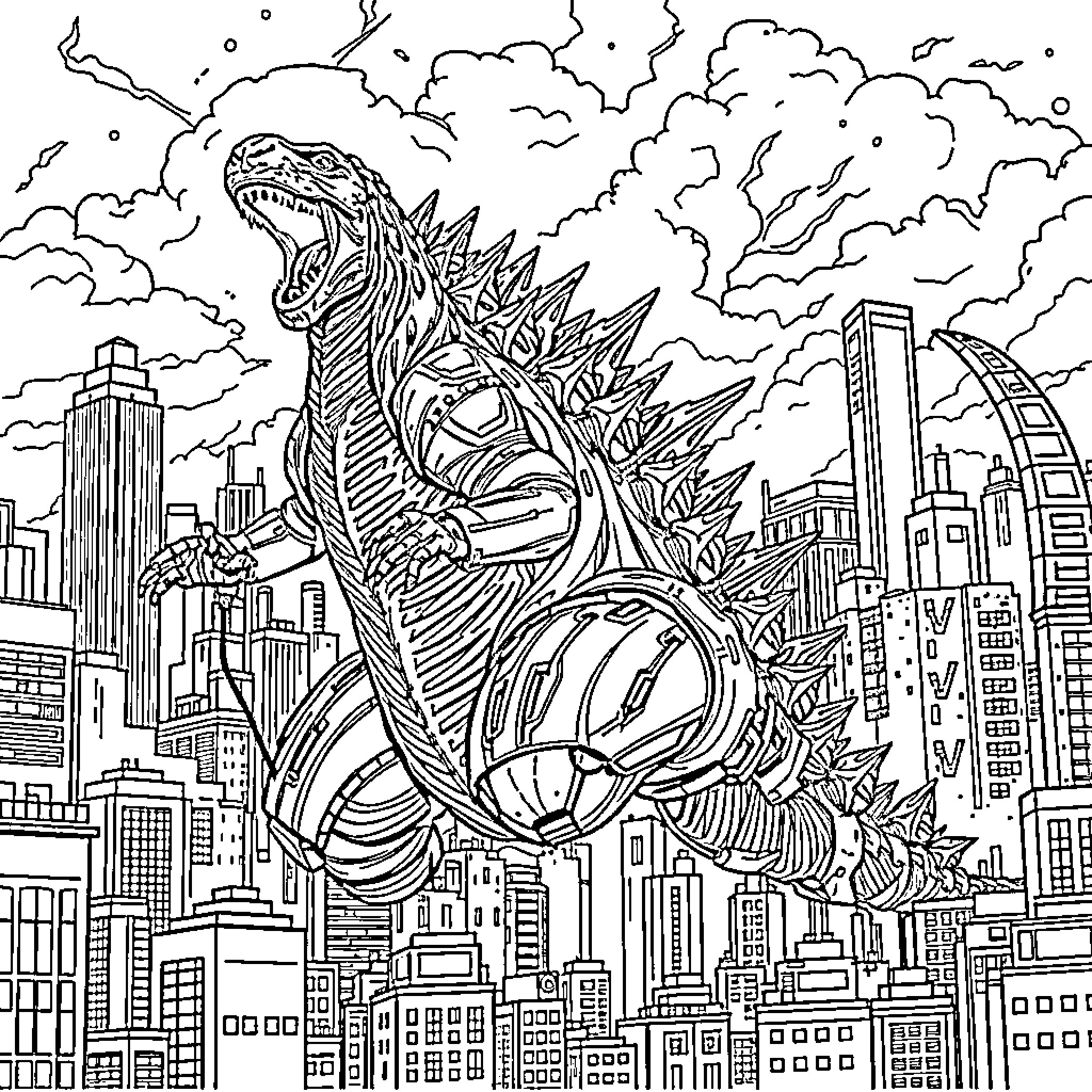 Godzilla rampaging through a bustling city Coloring Page (free black-and-white line drawing printable PDF for all, from beginners to advanced learners, including children, teens, adults, and seniors)