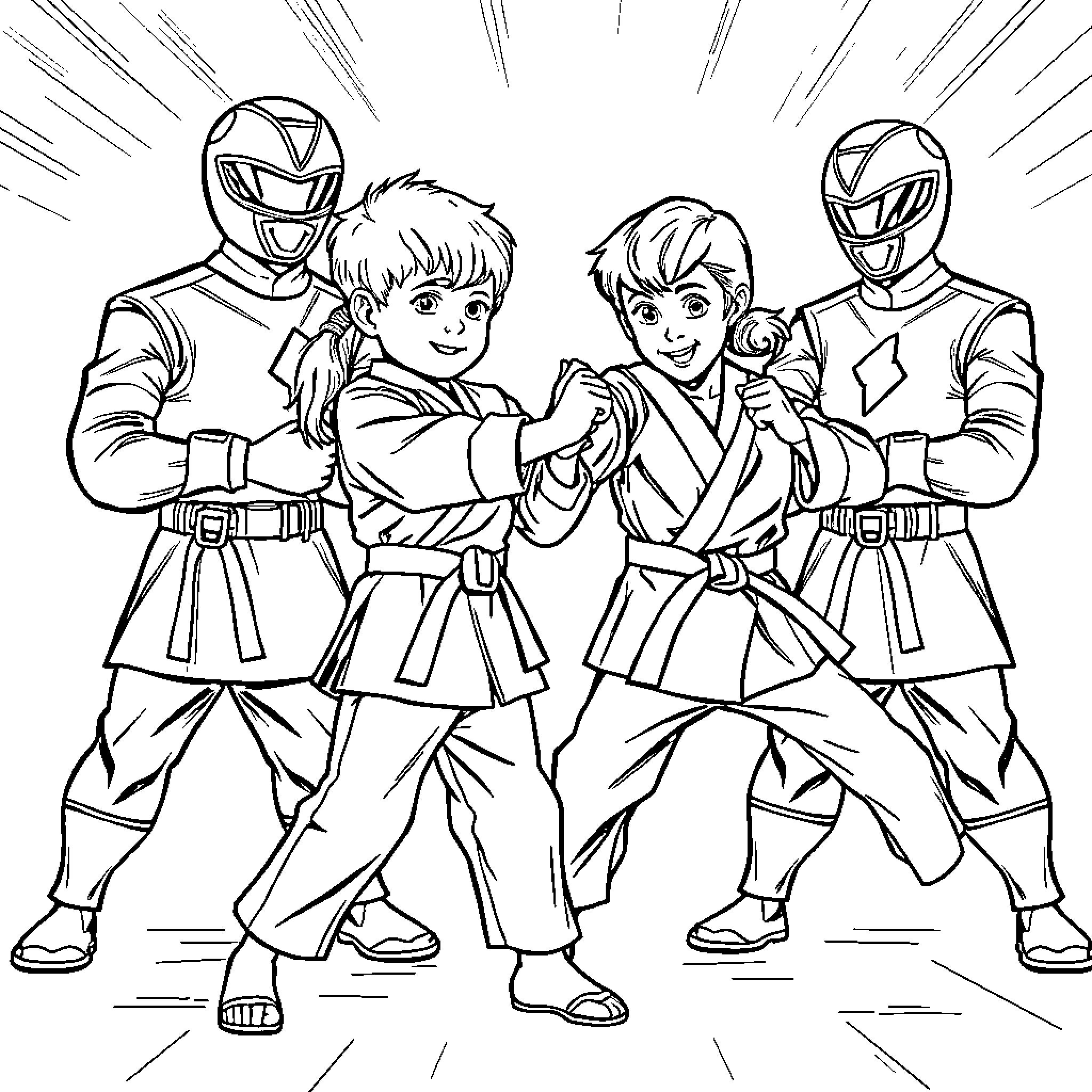 Child Power Rangers Training Together Coloring Page (free black-and-white line drawing printable PDF for all, from beginners to advanced learners, including children, teens, adults, and seniors)