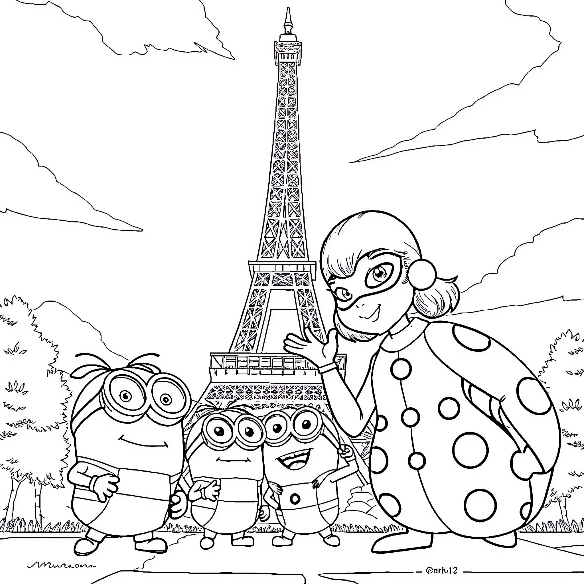 Miraculous Ladybug and friends explore Parisian landmarks Coloring Page (free black-and-white line drawing printable PDF for all, from beginners to advanced learners, including children, teens, adults, and seniors)