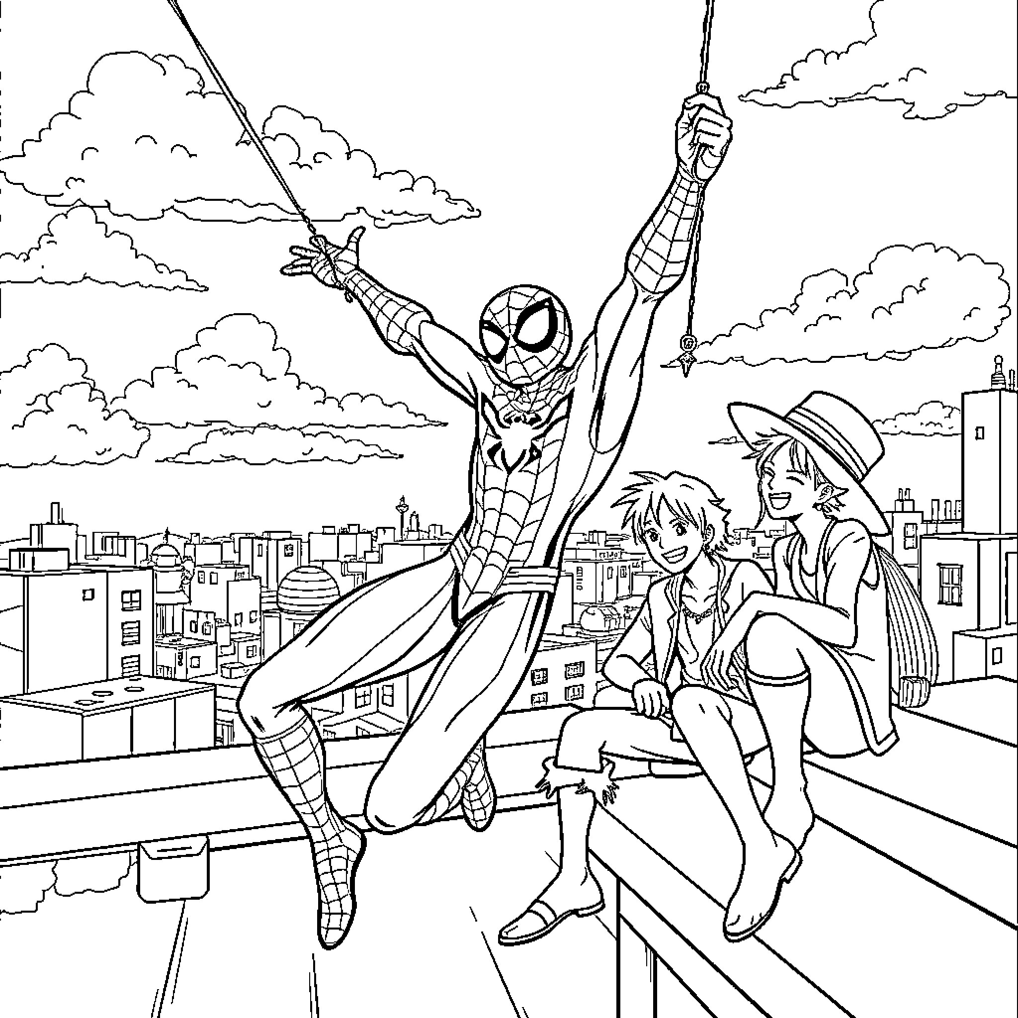 Spiderman swinging through the city with friends Coloring Page (free black-and-white line drawing printable PDF for all, from beginners to advanced learners, including children, teens, adults, and seniors)
