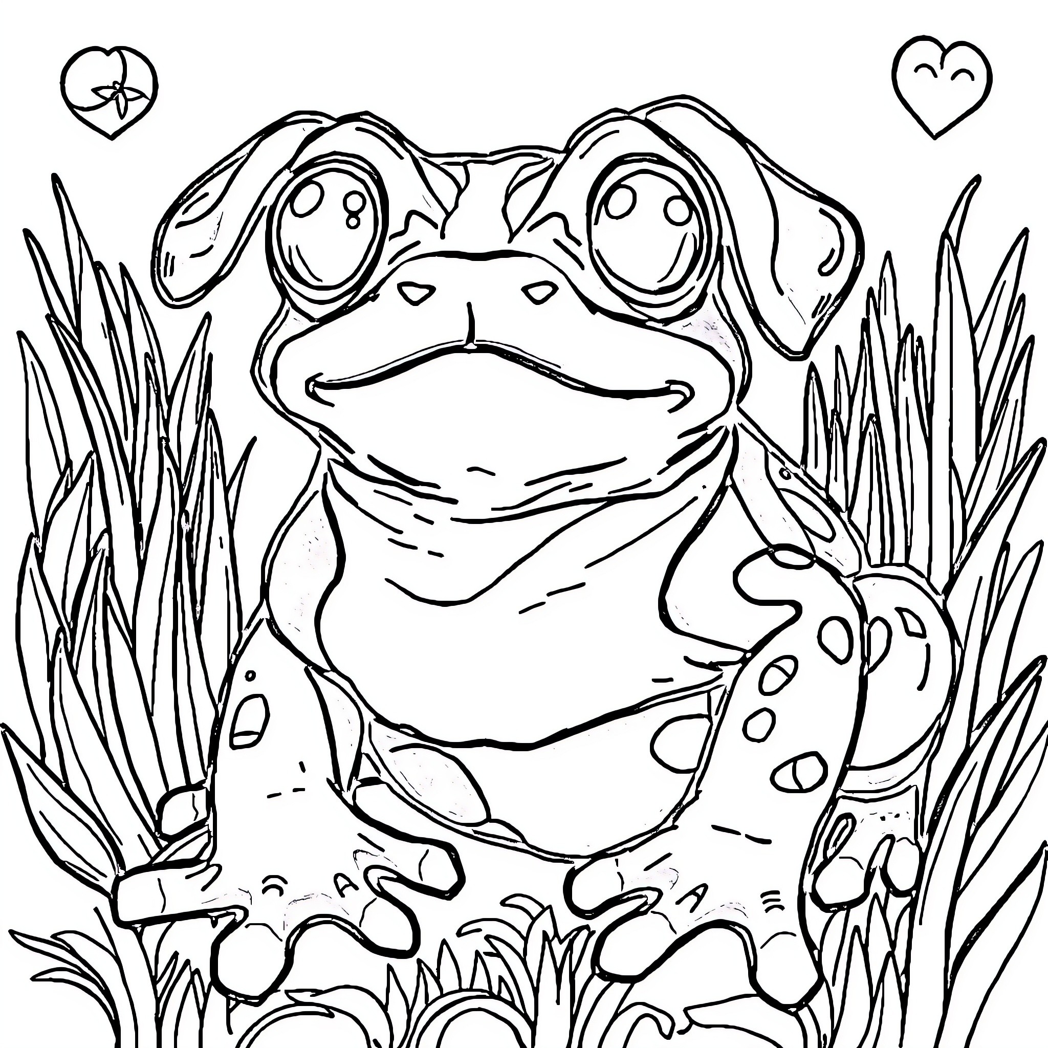 Frog sitting in tall grass Coloring Page (free black-and-white line drawing printable PDF for all, from beginners to advanced learners, including children, teens, adults, and seniors)