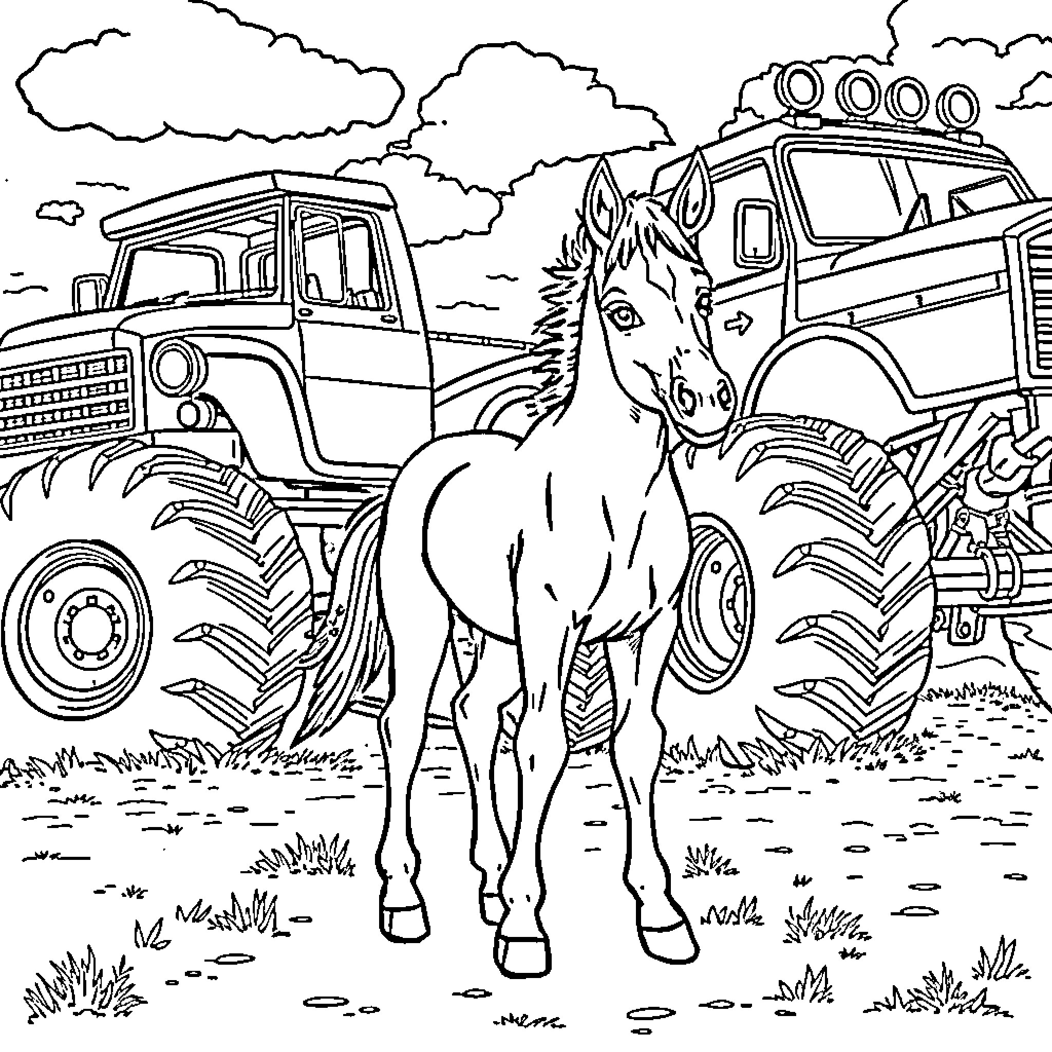 Colt Encounters Truck and Firefighter Vehicle Coloring Page (free black-and-white line drawing printable PDF for all, from beginners to advanced learners, including children, teens, adults, and seniors)