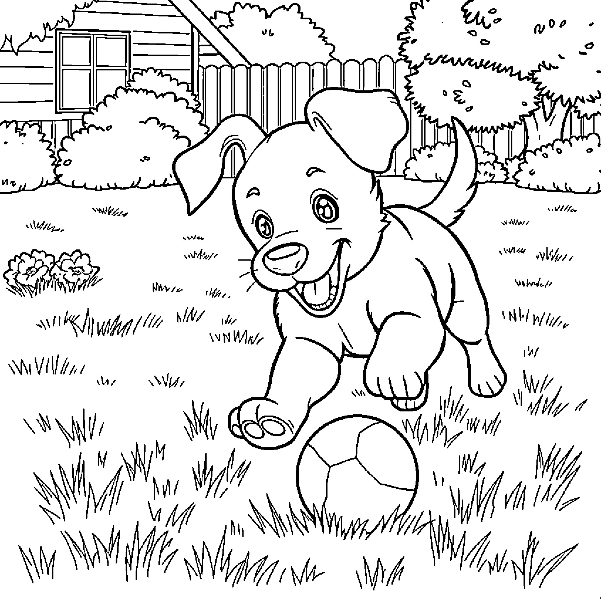 Puppy playing happily with a soccer ball in the yard Coloring Page (free black-and-white line drawing printable PDF for all, from beginners to advanced learners, including children, teens, adults, and seniors)