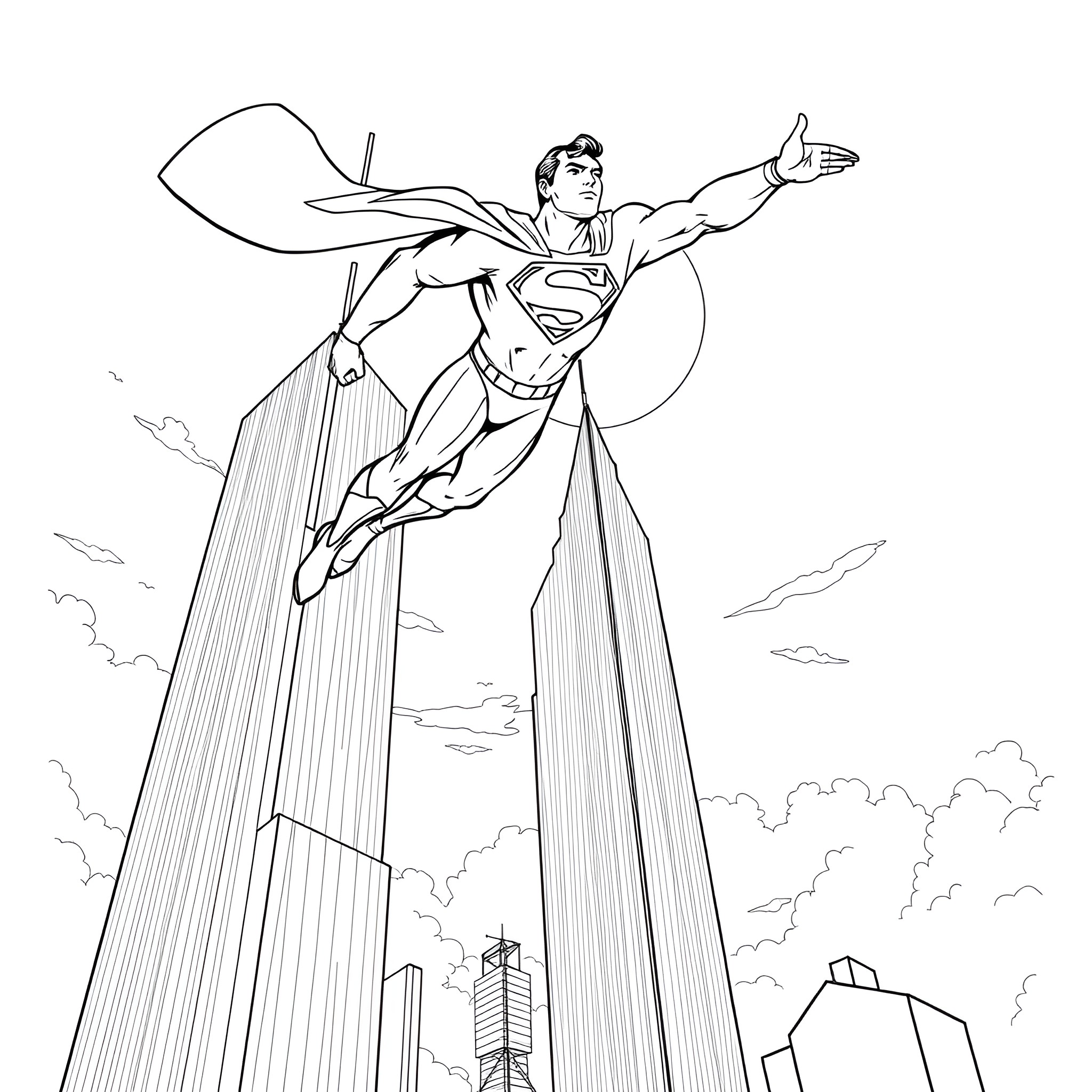 Superman Soaring Over the City Coloring Page (free black-and-white line drawing printable PDF for all, from beginners to advanced learners, including children, teens, adults, and seniors)