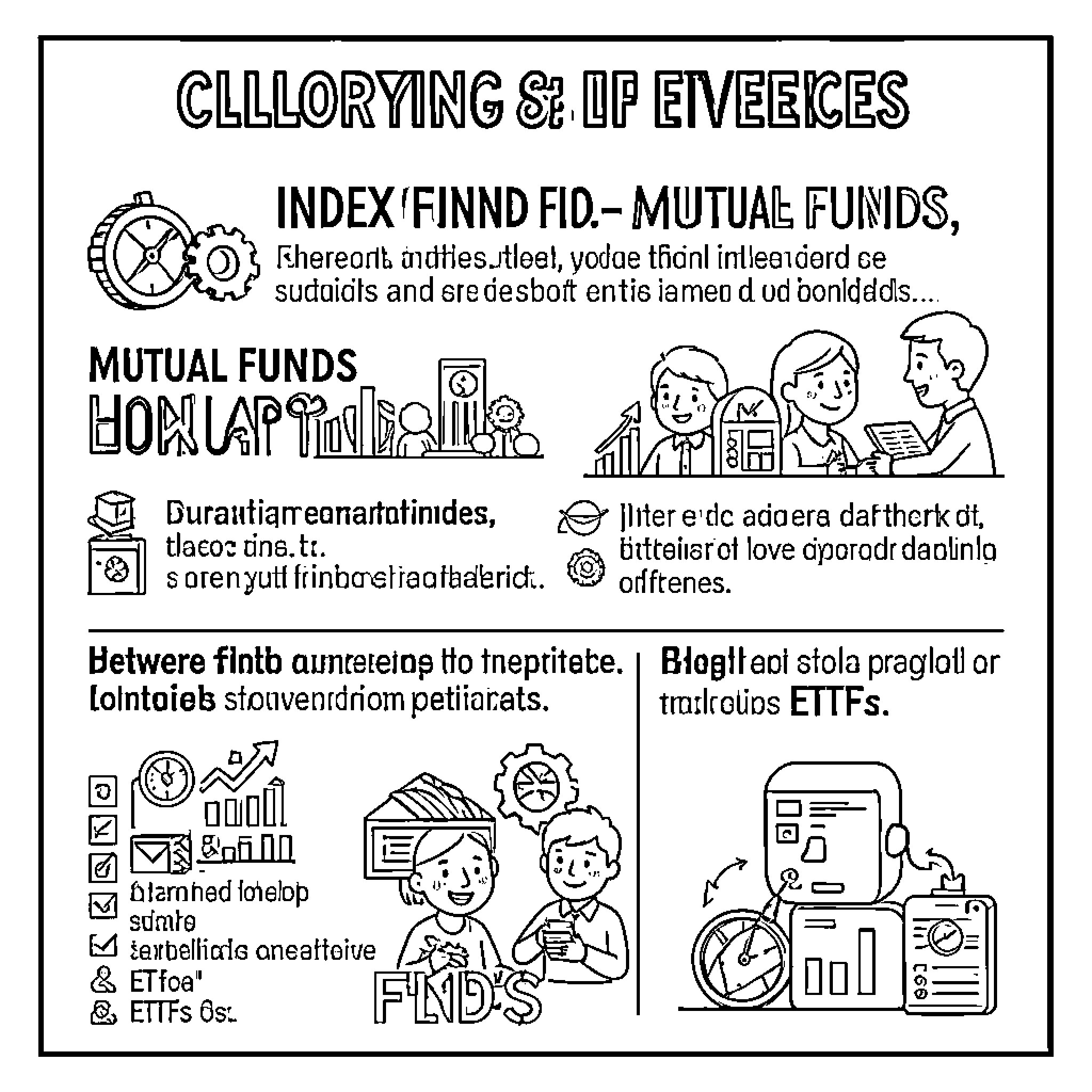 Fund management concepts shown through various business illustrations Coloring Page (free black-and-white line drawing printable PDF for all, from beginners to advanced learners, including children, teens, adults, and seniors)