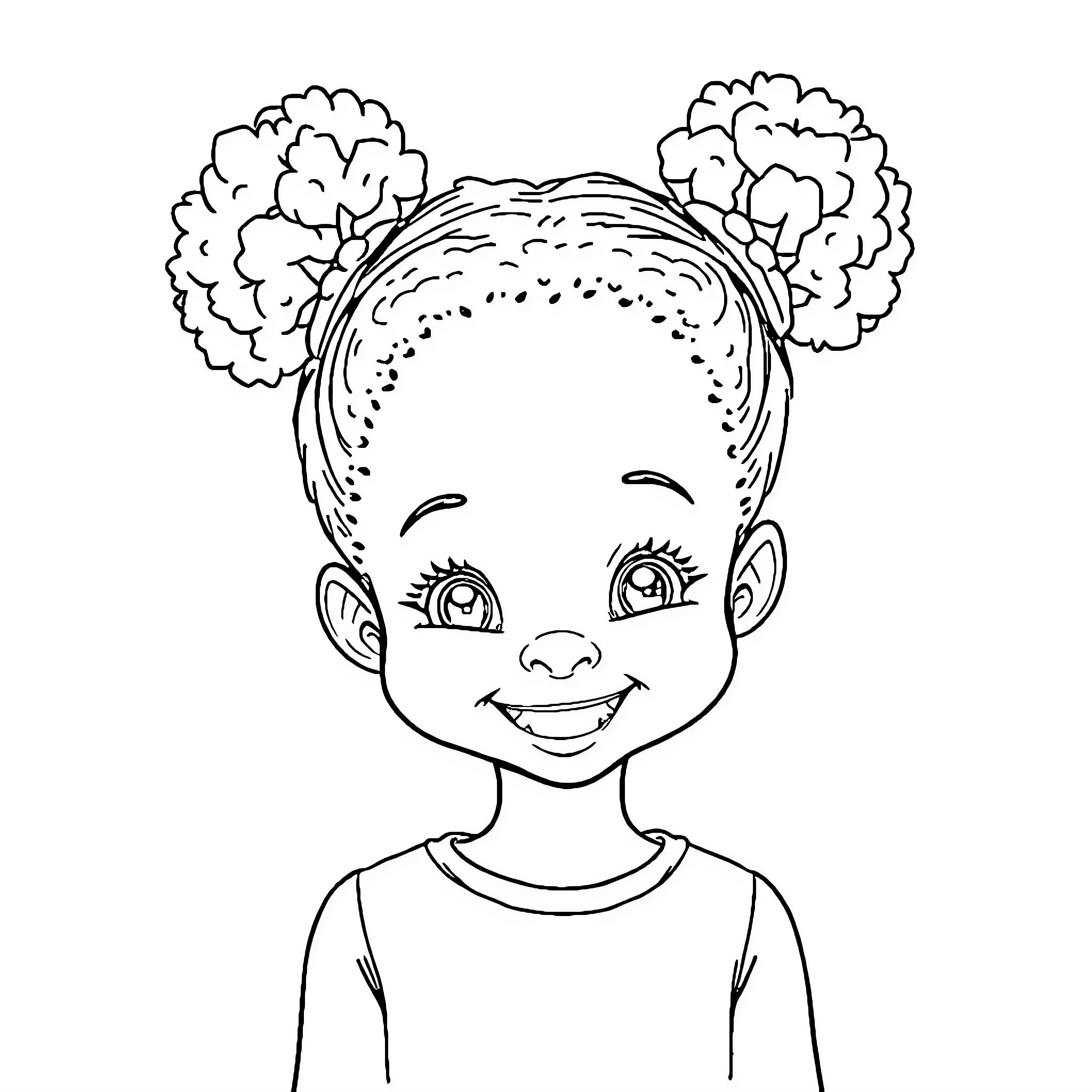 Girl with puff hairstyle showing joyful expression Coloring Page (free black-and-white line drawing printable PDF for all, from beginners to advanced learners, including children, teens, adults, and seniors)