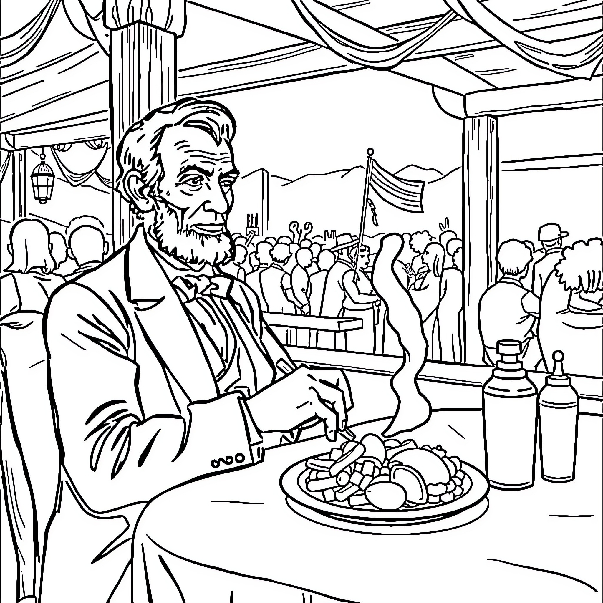 Abraham Lincoln dining at a crowded restaurant Coloring Page (free black-and-white line drawing printable PDF for all, from beginners to advanced learners, including children, teens, adults, and seniors)
