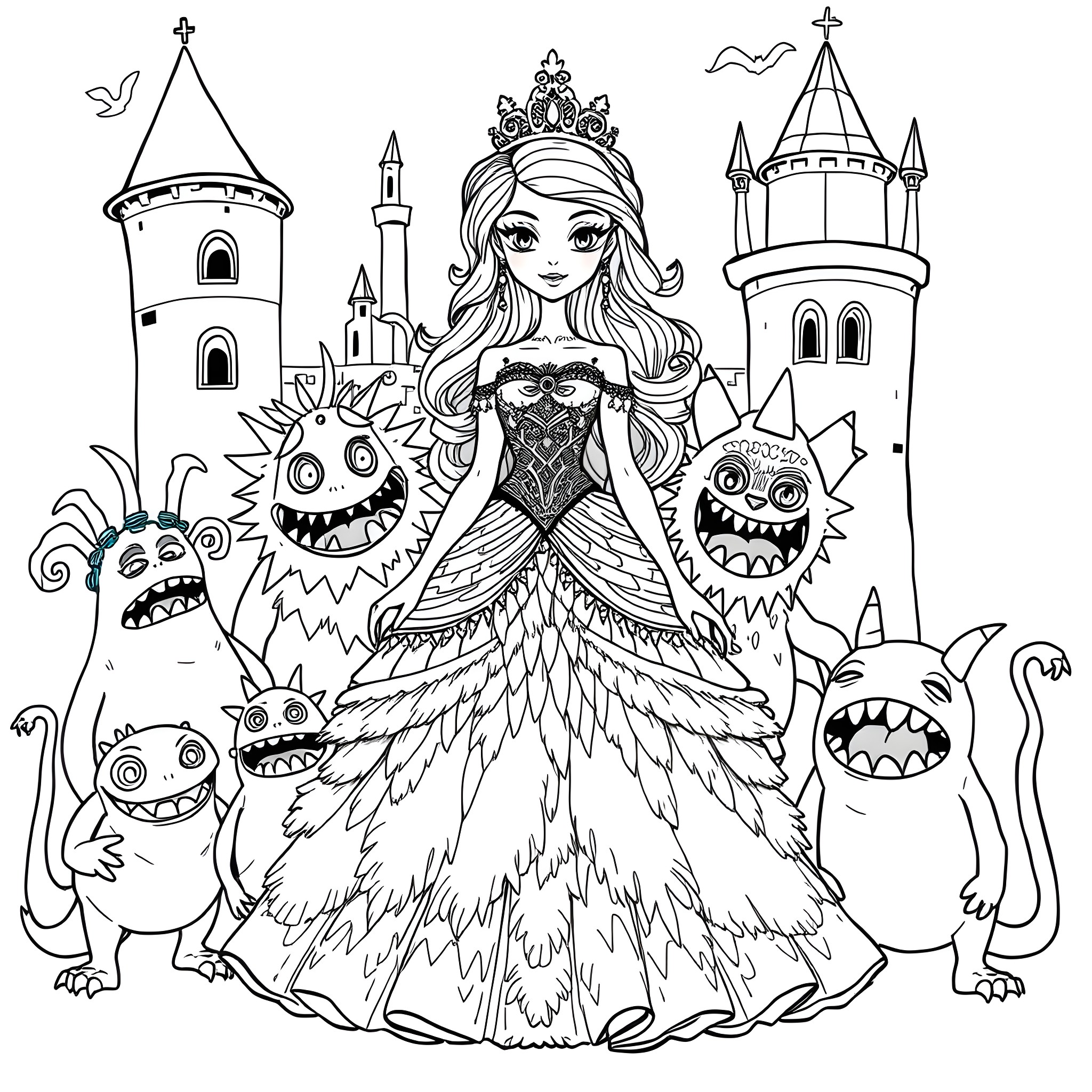 Monster Princess and Her Fantastical Companions Coloring Page (free black-and-white line drawing printable PDF for all, from beginners to advanced learners, including children, teens, adults, and seniors)