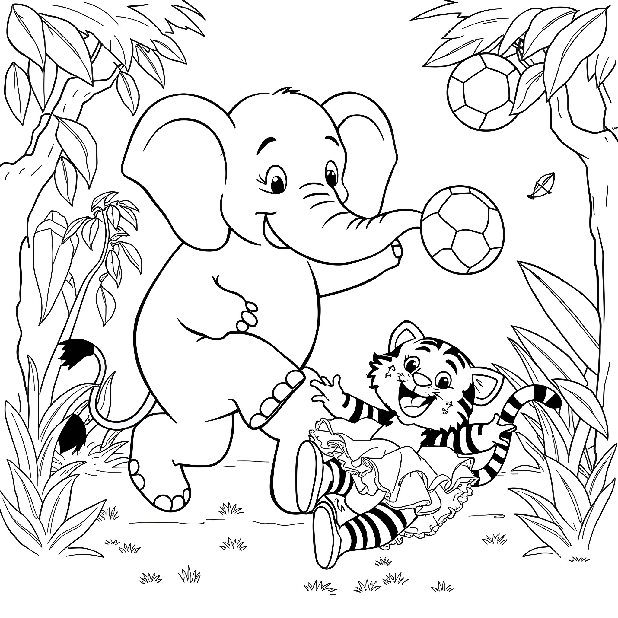 Elephant playing with tiger cub in the jungle Coloring Page (free black-and-white line drawing printable PDF for all, from beginners to advanced learners, including children, teens, adults, and seniors)
