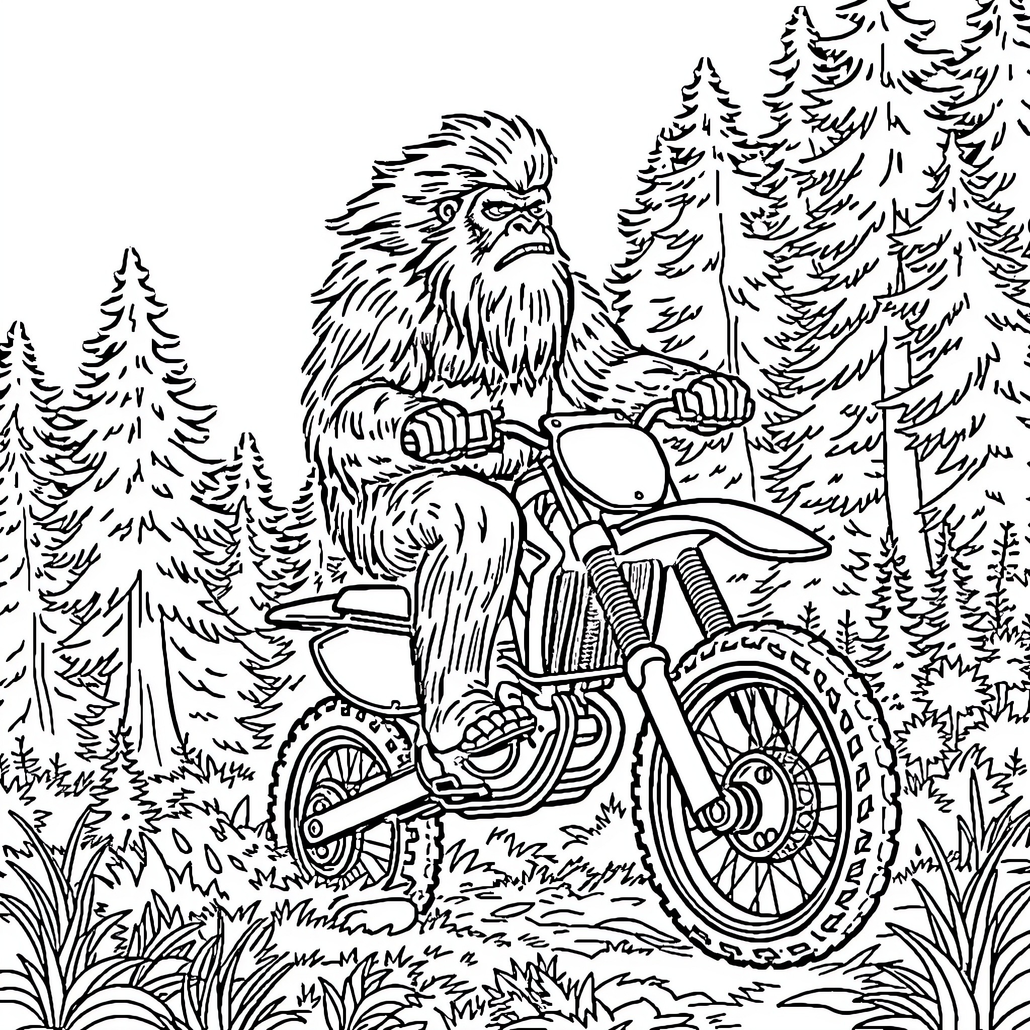 Bigfoot riding a motorcycle through the forest Coloring Page (free black-and-white line drawing printable PDF for all, from beginners to advanced learners, including children, teens, adults, and seniors)
