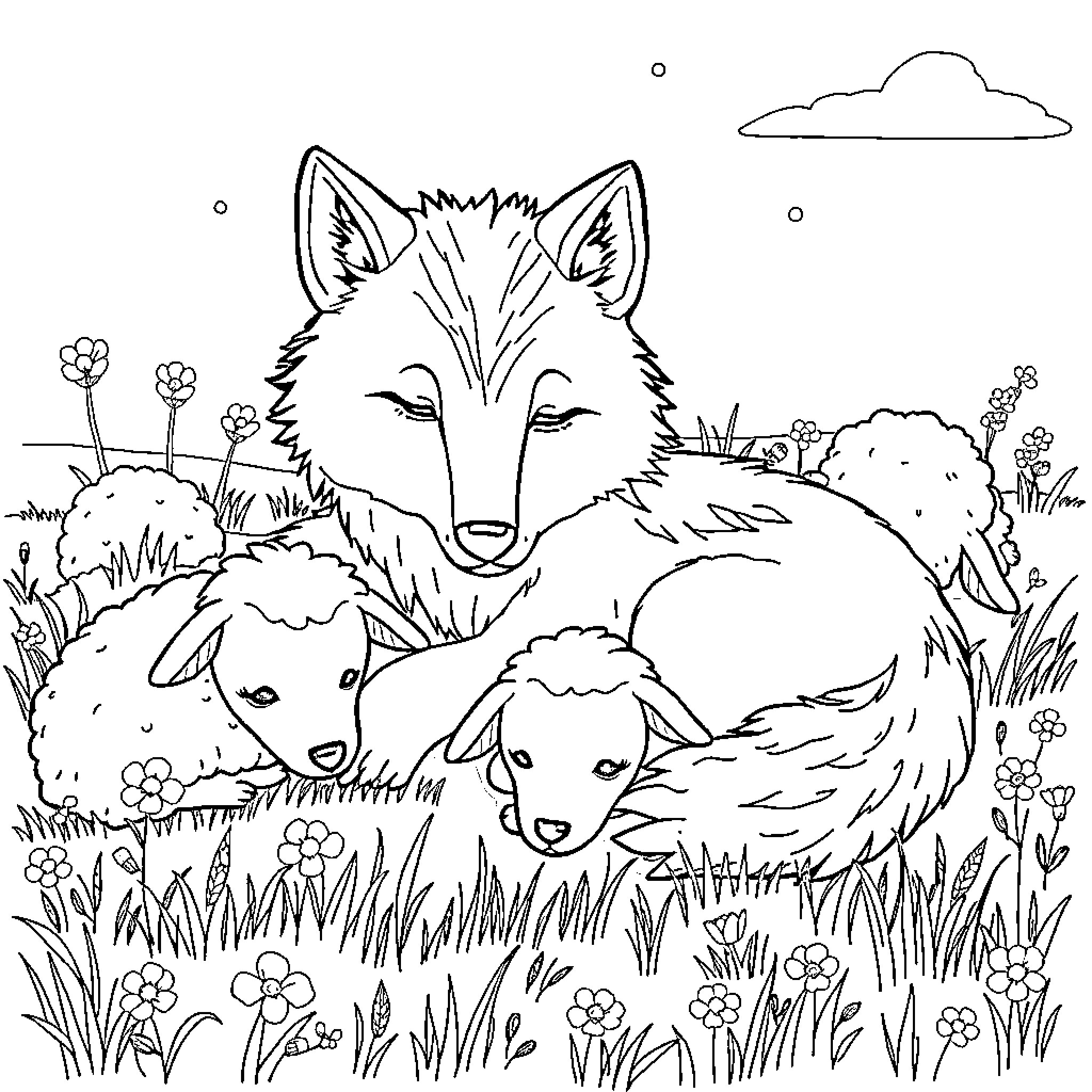 Wolf family resting in the meadow Coloring Page (free black-and-white line drawing printable PDF for all, from beginners to advanced learners, including children, teens, adults, and seniors)
