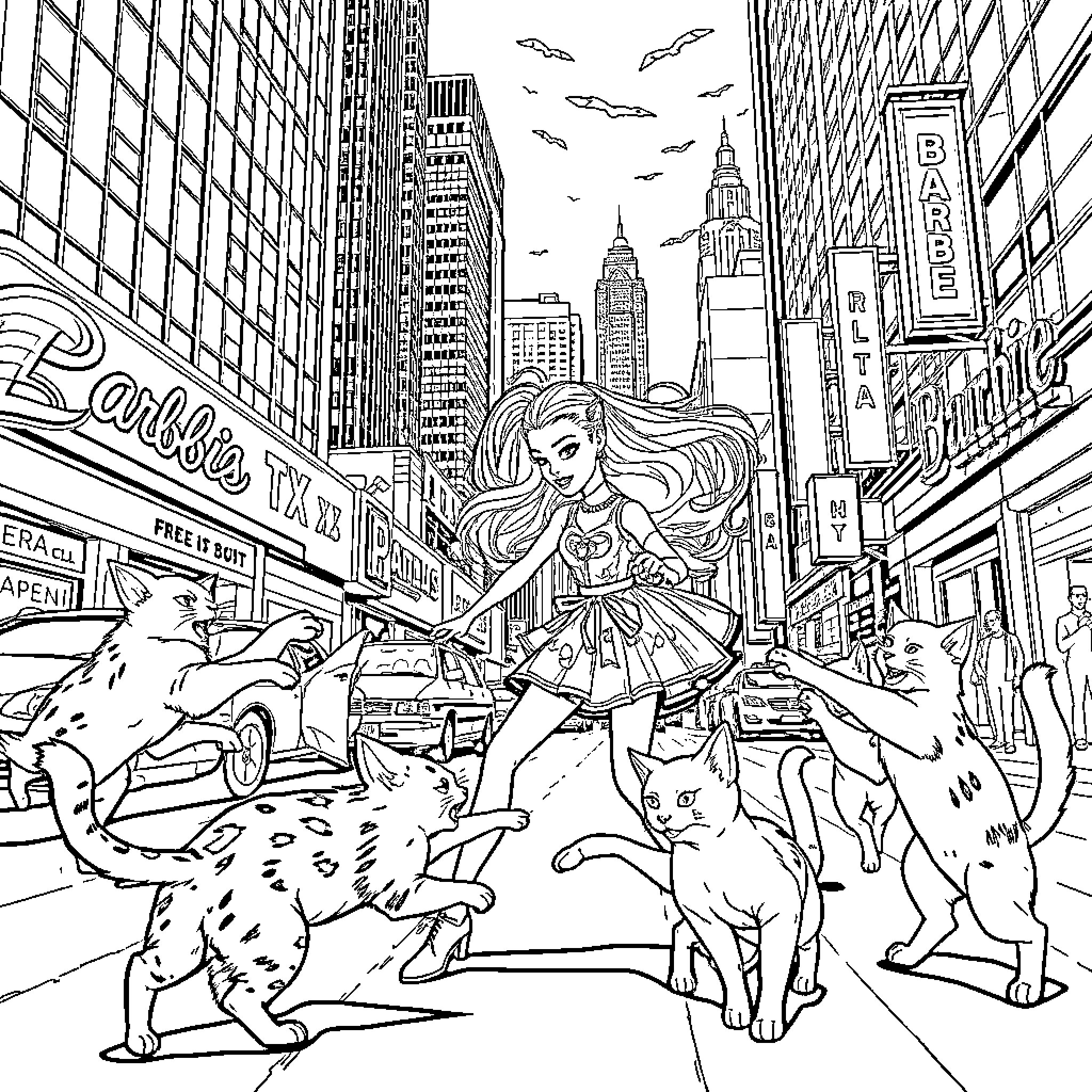 Barbie's Adventurous Day in the Big City Coloring Page (free black-and-white line drawing printable PDF for all, from beginners to advanced learners, including children, teens, adults, and seniors)