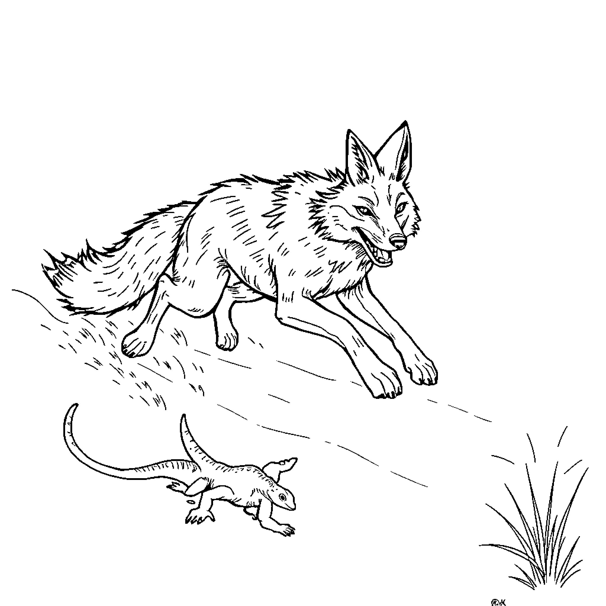 Coyote chasing a lizard in the wilderness Coloring Page (free black-and-white line drawing printable PDF for all, from beginners to advanced learners, including children, teens, adults, and seniors)