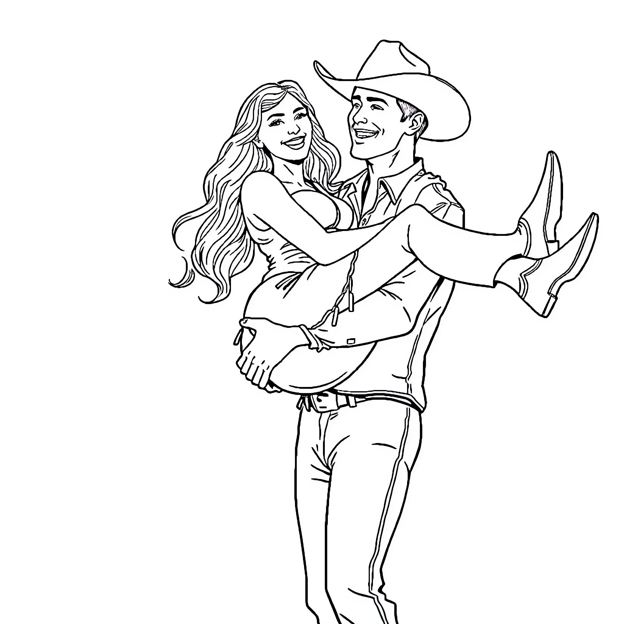 Man romantically embracing woman in cowboy attire Coloring Page (free black-and-white line drawing printable PDF for all, from beginners to advanced learners, including children, teens, adults, and seniors)
