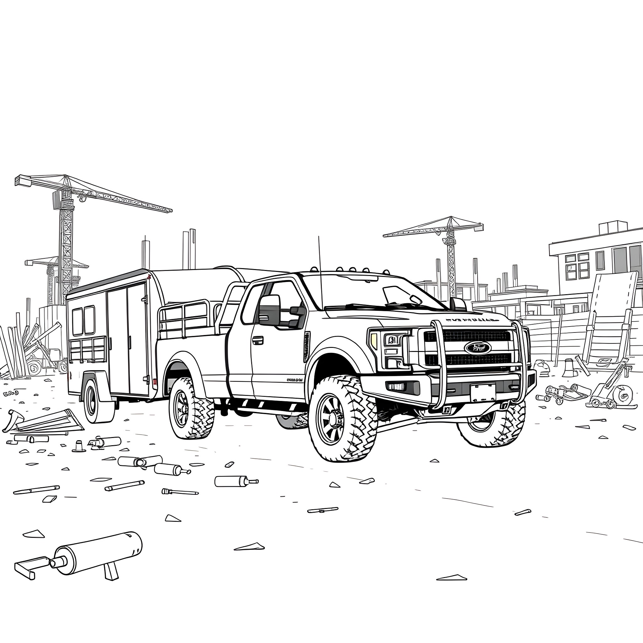 Utility Truck Equipped for Rough Terrain and Construction Site Coloring Page (free black-and-white line drawing printable PDF for all, from beginners to advanced learners, including children, teens, adults, and seniors)
