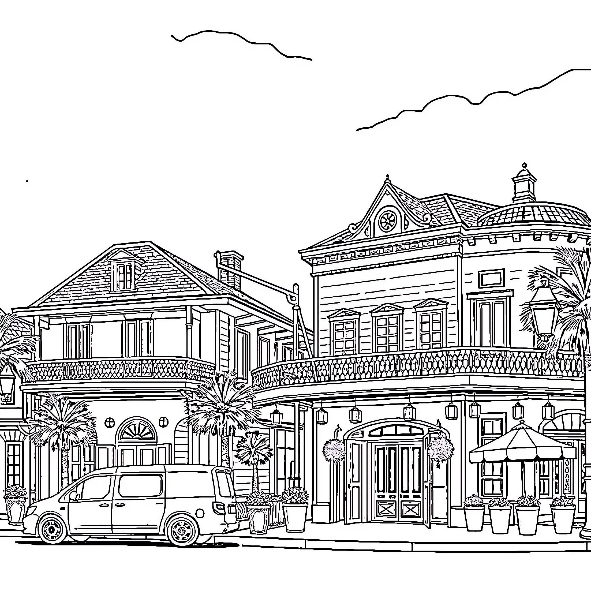 New Orleans historic architecture and street scene Coloring Page (free black-and-white line drawing printable PDF for all, from beginners to advanced learners, including children, teens, adults, and seniors)