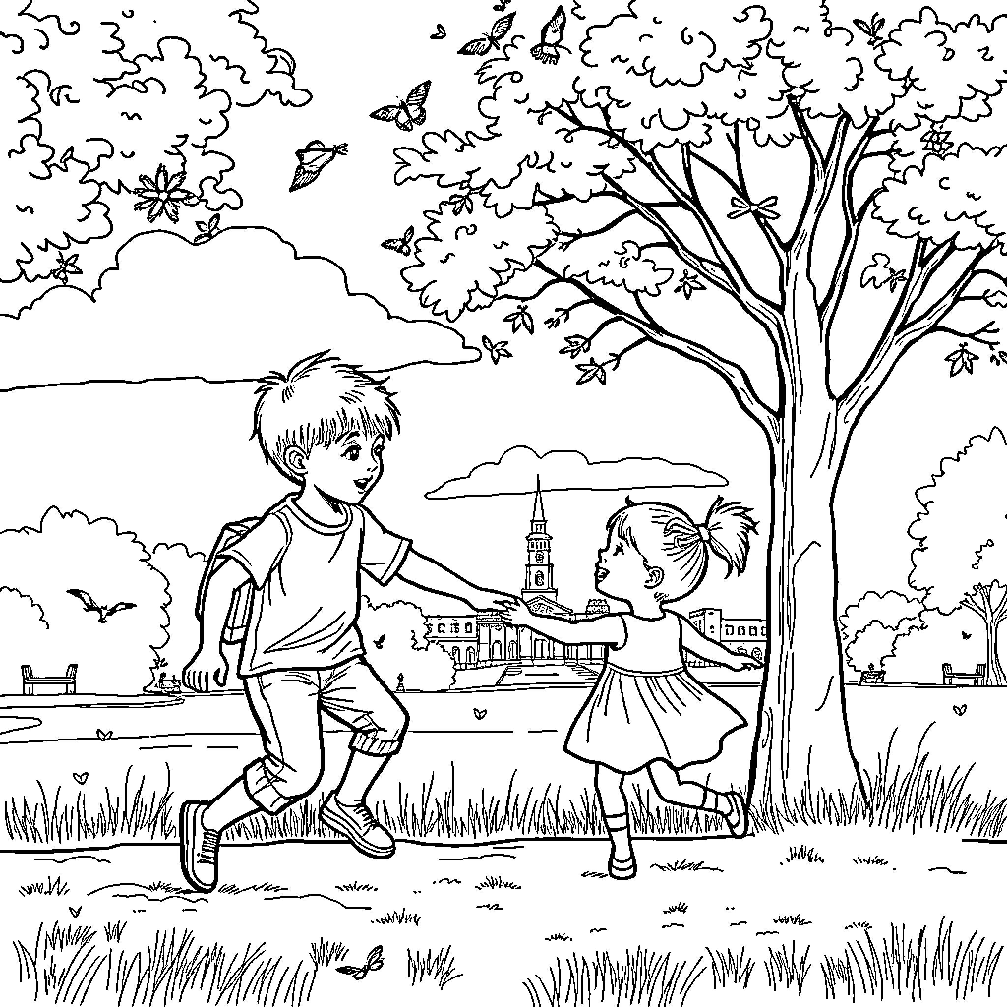 Boy and Girl Playing in the Park Coloring Page (free black-and-white line drawing printable PDF for all, from beginners to advanced learners, including children, teens, adults, and seniors)