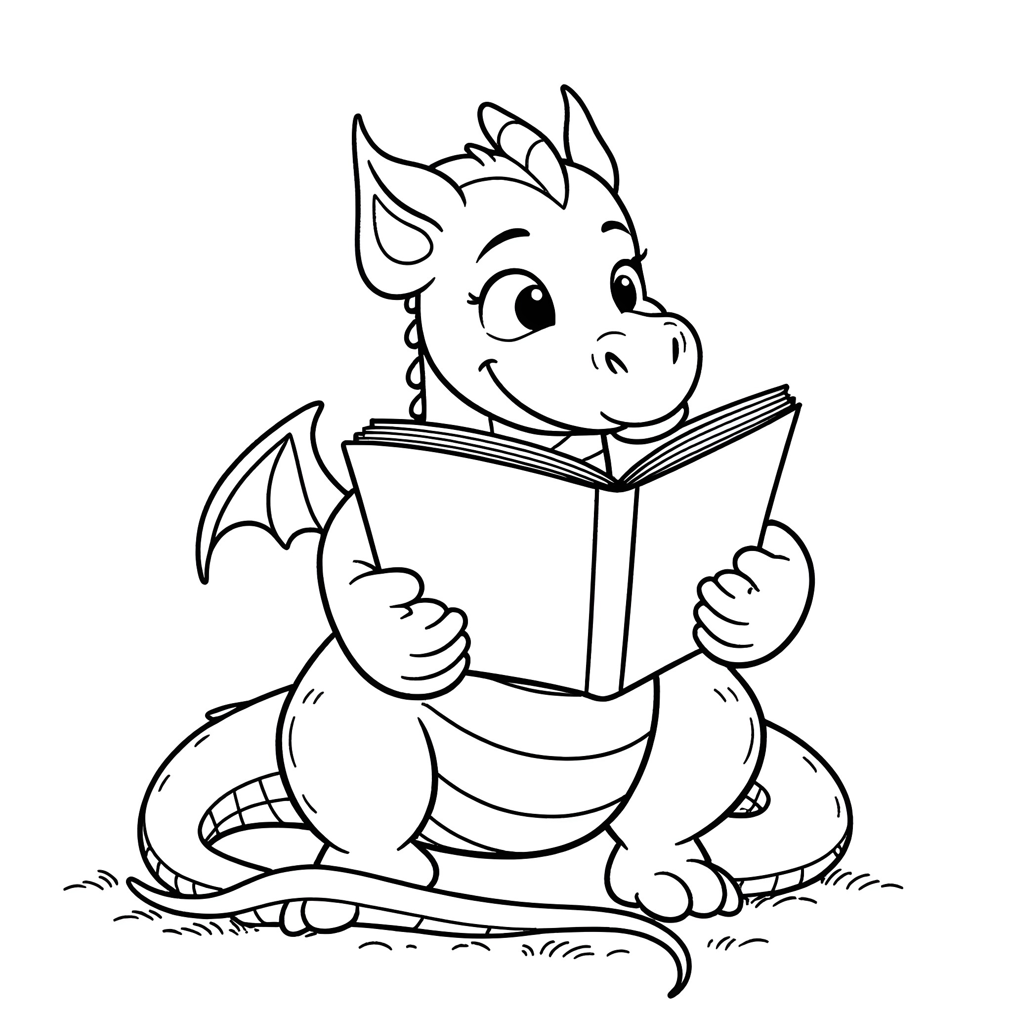 Dragon reading a book happily Coloring Page (free black-and-white line drawing printable PDF for all, from beginners to advanced learners, including children, teens, adults, and seniors)