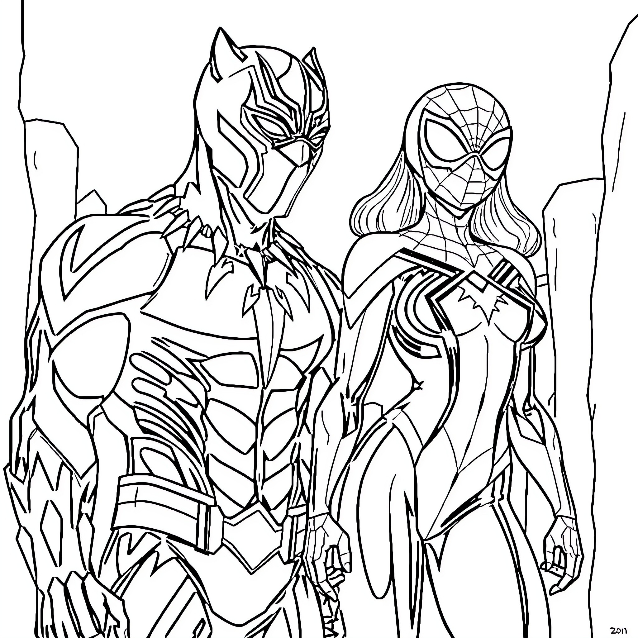 Black Panther and Spider-Man in heroic stance Coloring Page (free black-and-white line drawing printable PDF for all, from beginners to advanced learners, including children, teens, adults, and seniors)