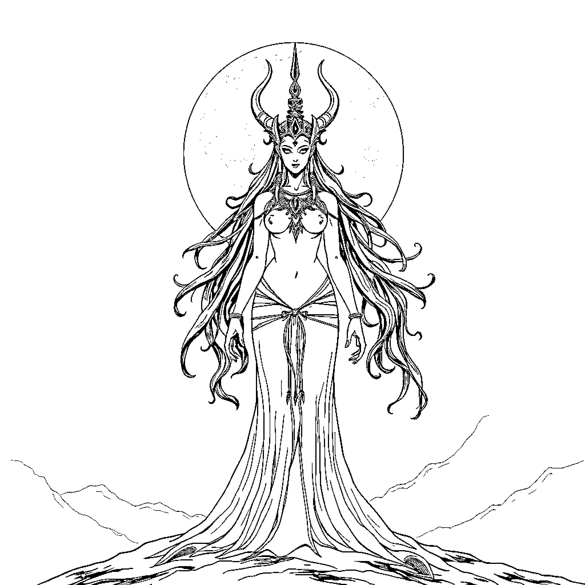 Nevayh - Mysterious Dark Goddess in the Clouds Coloring Page (free black-and-white line drawing printable PDF for all, from beginners to advanced learners, including children, teens, adults, and seniors)