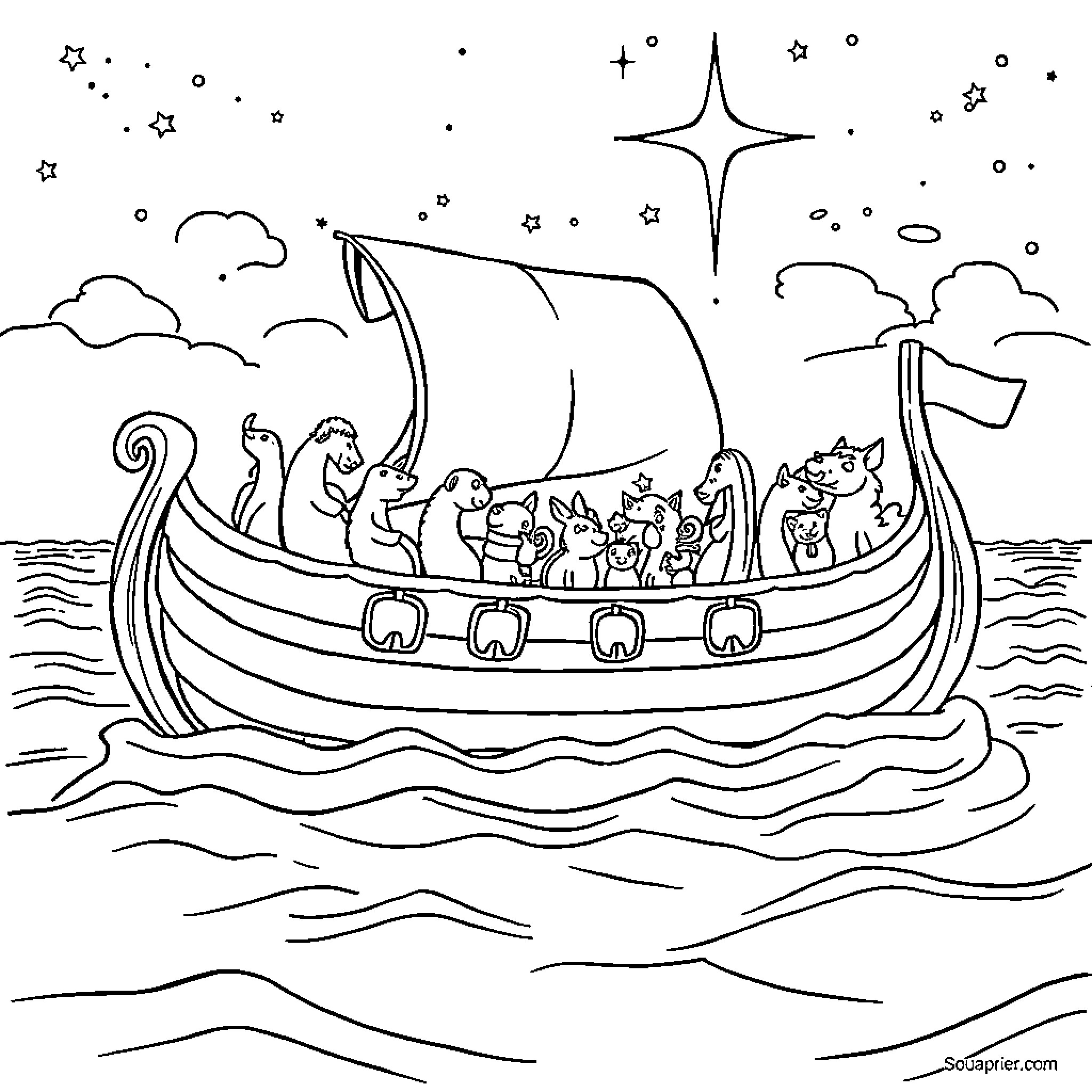 Noah's Ark filled with diverse animals sailing on the sea Coloring Page (free black-and-white line drawing printable PDF for all, from beginners to advanced learners, including children, teens, adults, and seniors)