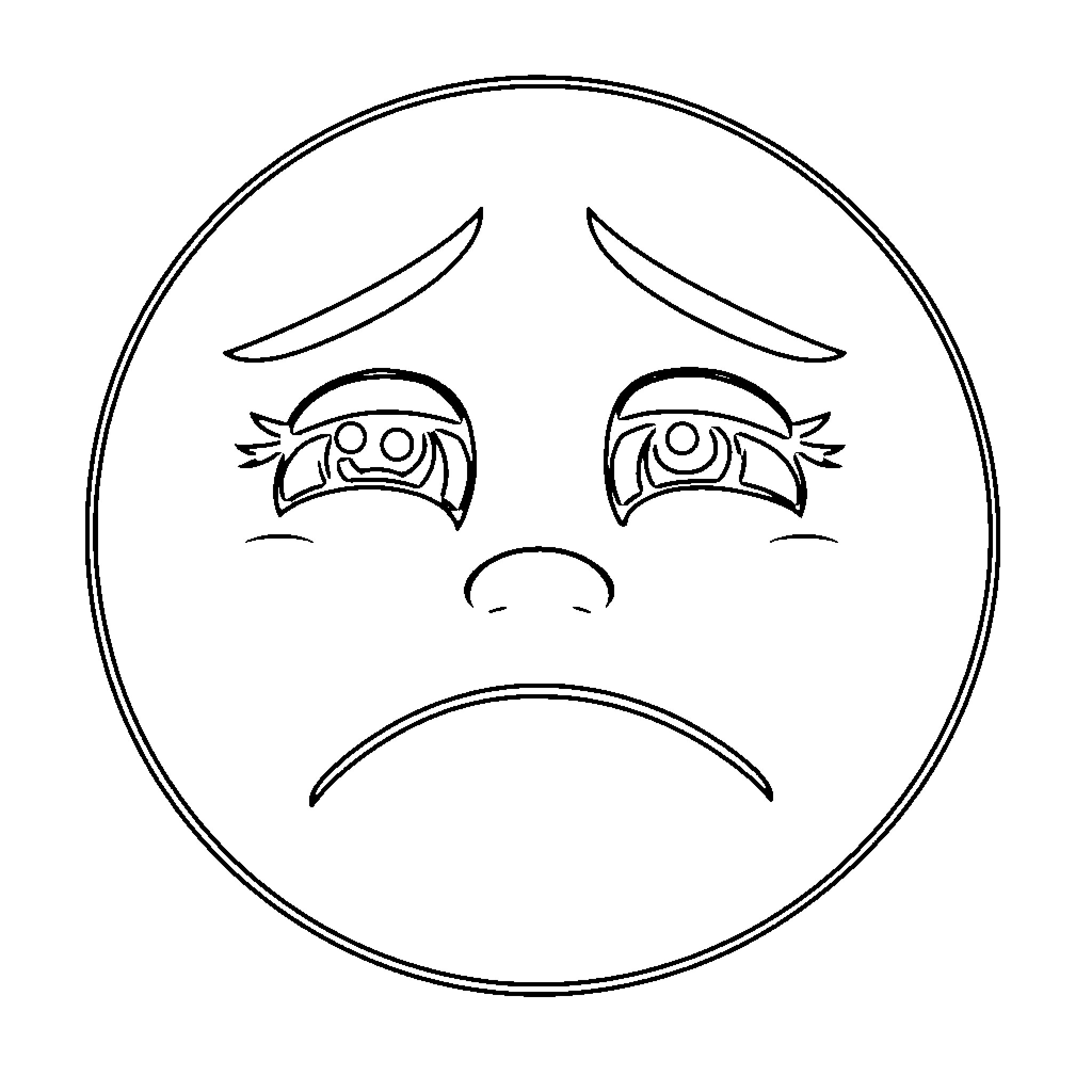 Emoji of a sad and dejected facial expression Coloring Page (free black-and-white line drawing printable PDF for all, from beginners to advanced learners, including children, teens, adults, and seniors)