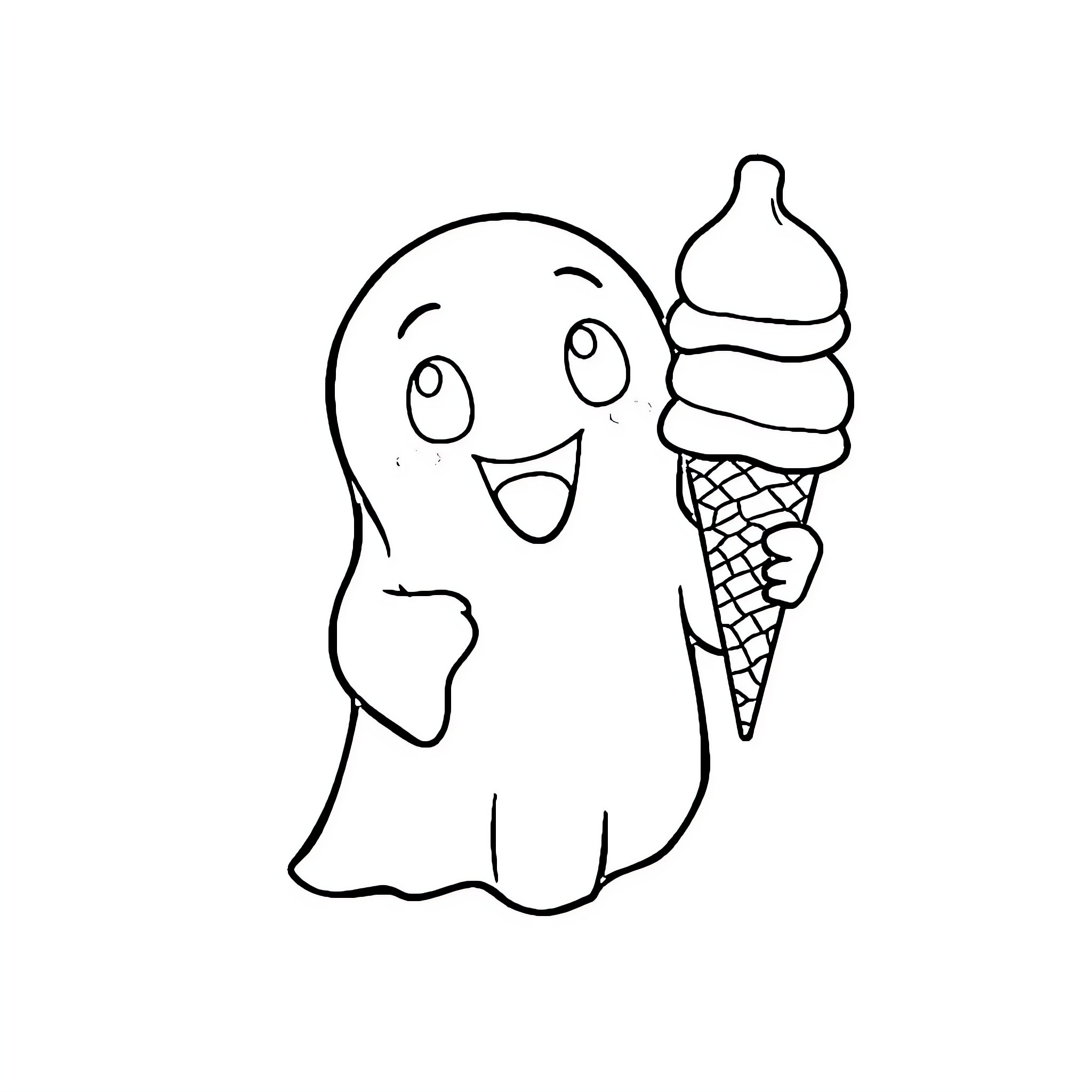 Ghost happily holding ice cream cone Coloring Page (free black-and-white line drawing printable PDF for all, from beginners to advanced learners, including children, teens, adults, and seniors)