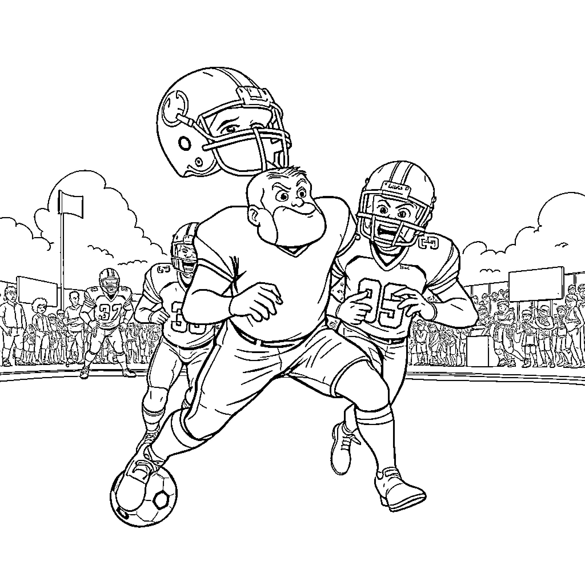 Papa's Football Adventure on the Field Coloring Page (free black-and-white line drawing printable PDF for all, from beginners to advanced learners, including children, teens, adults, and seniors)