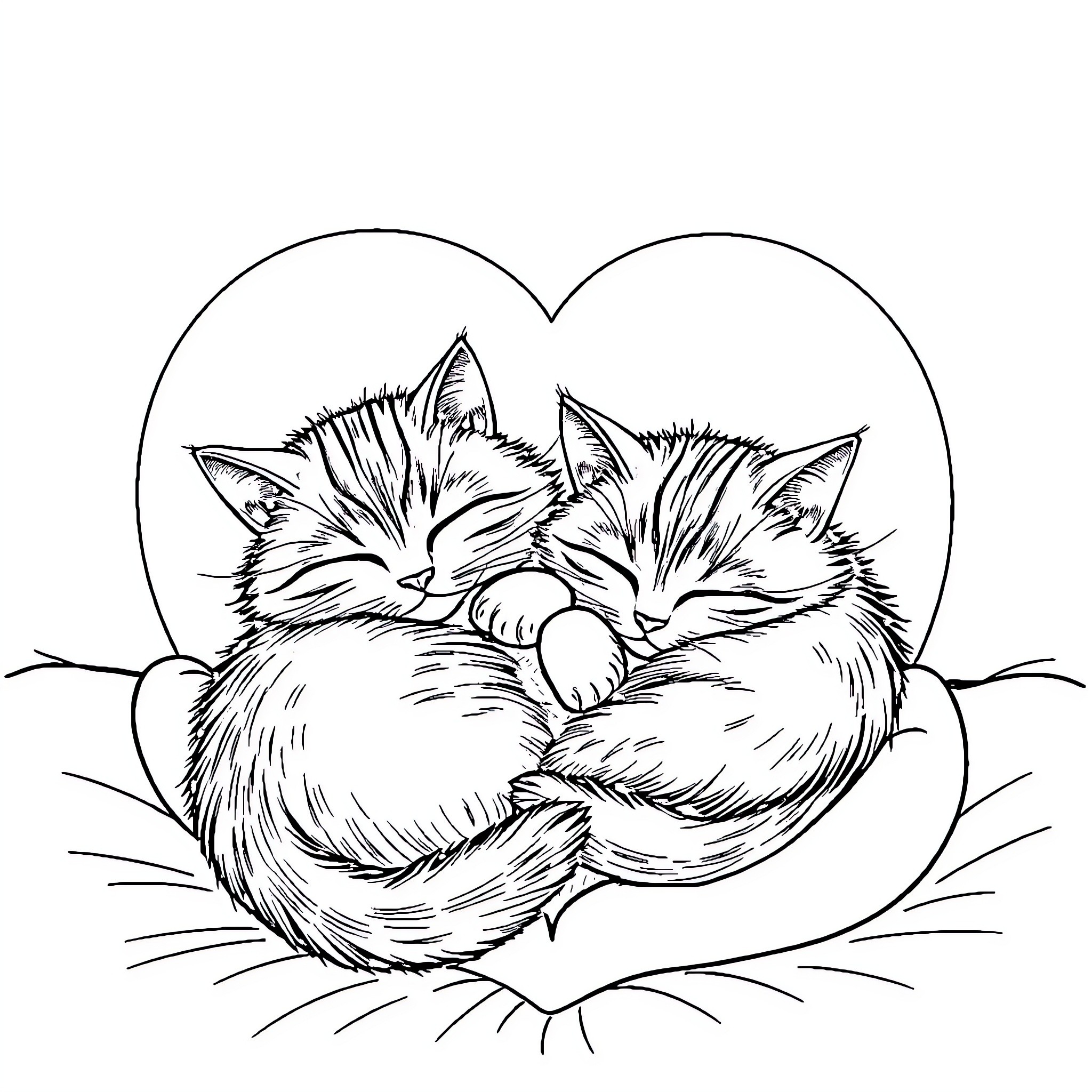 Cat cuddling lovingly in heart-shaped nest Coloring Page (free black-and-white line drawing printable PDF for all, from beginners to advanced learners, including children, teens, adults, and seniors)