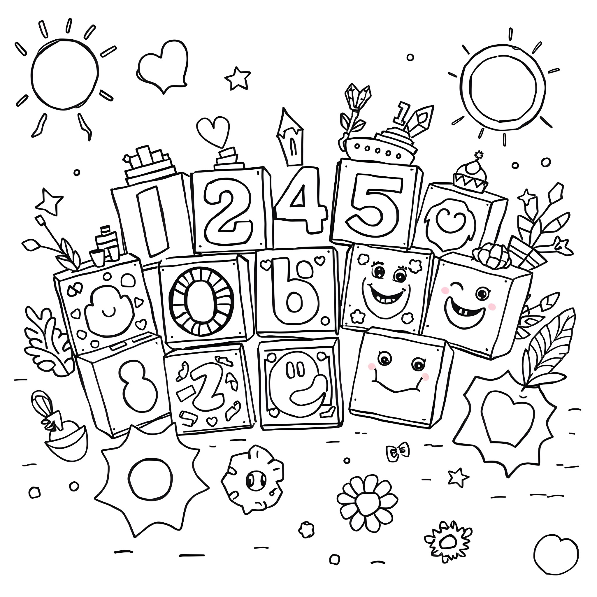 Number Blocks with Friendly Faces and Nature Elements Coloring Page (free black-and-white line drawing printable PDF for all, from beginners to advanced learners, including children, teens, adults, and seniors)