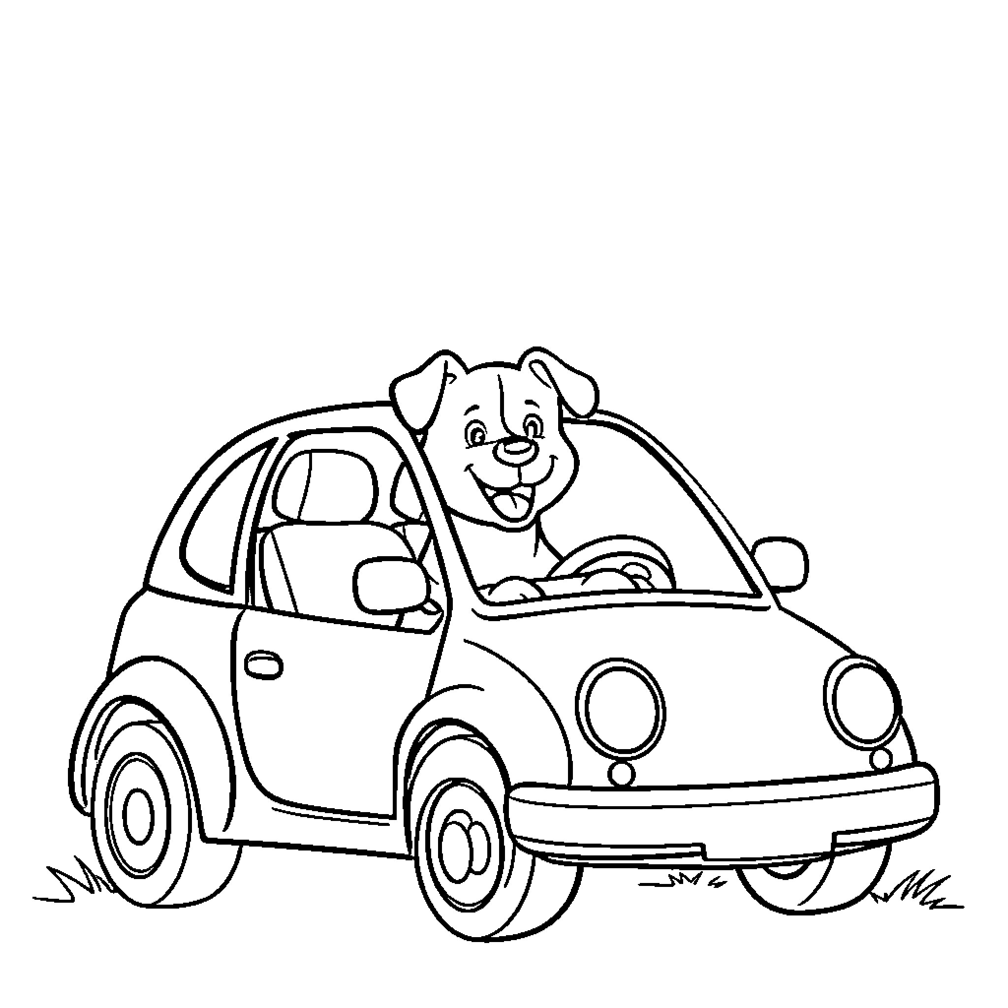 Dog driving a small car happily Coloring Page (free black-and-white line drawing printable PDF for all, from beginners to advanced learners, including children, teens, adults, and seniors)