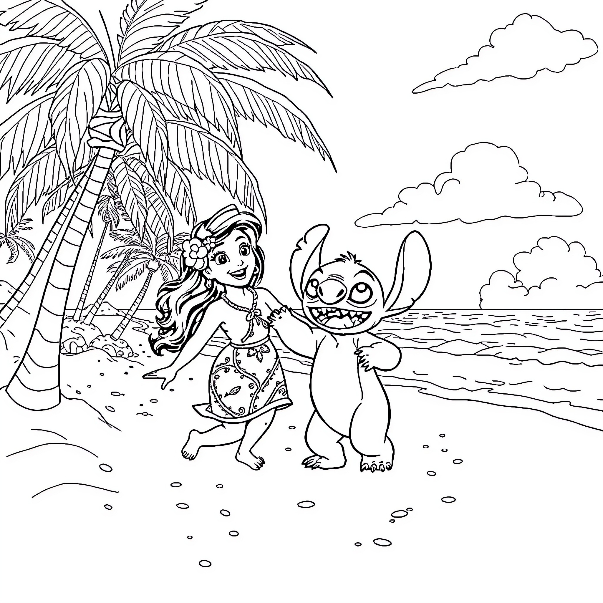 Lilo And Stitch Explore Tropical Beach Adventure Coloring Page (free black-and-white line drawing printable PDF for all, from beginners to advanced learners, including children, teens, adults, and seniors)