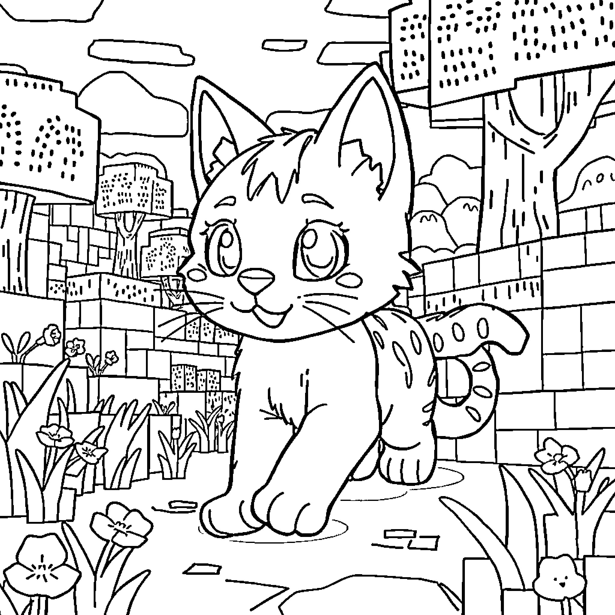 Gabby the curious cat exploring the city Coloring Page (free black-and-white line drawing printable PDF for all, from beginners to advanced learners, including children, teens, adults, and seniors)