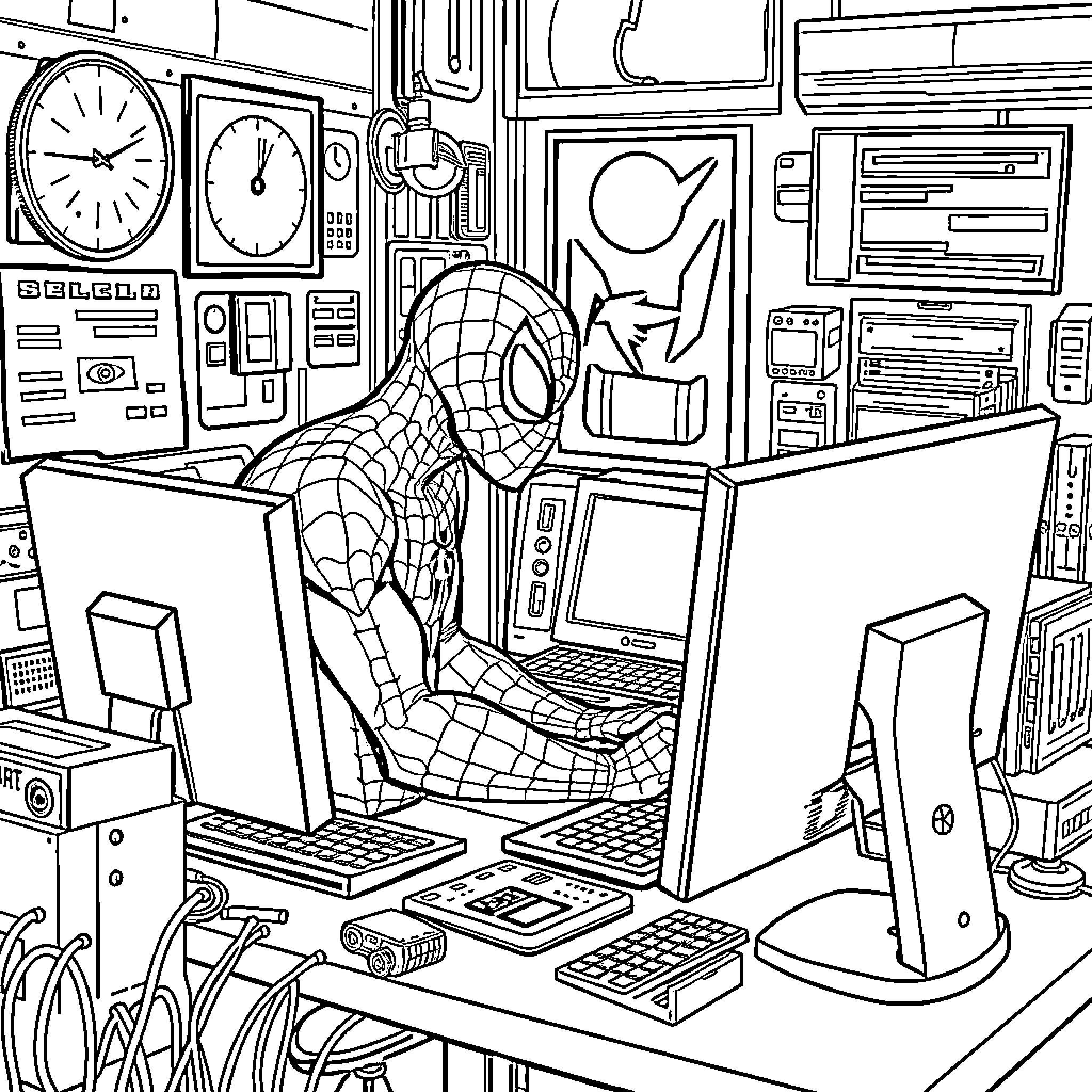 Spiderman Using Computers in a High-Tech Room Coloring Page (free black-and-white line drawing printable PDF for all, from beginners to advanced learners, including children, teens, adults, and seniors)